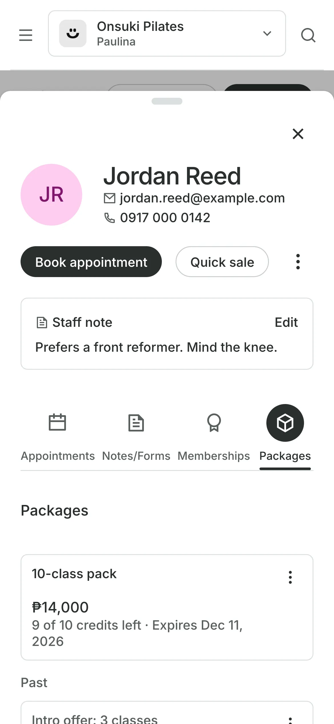 A client profile on a phone: email and phone number, a staff note, and a class pack with 9 of 10 credits left and when it expires