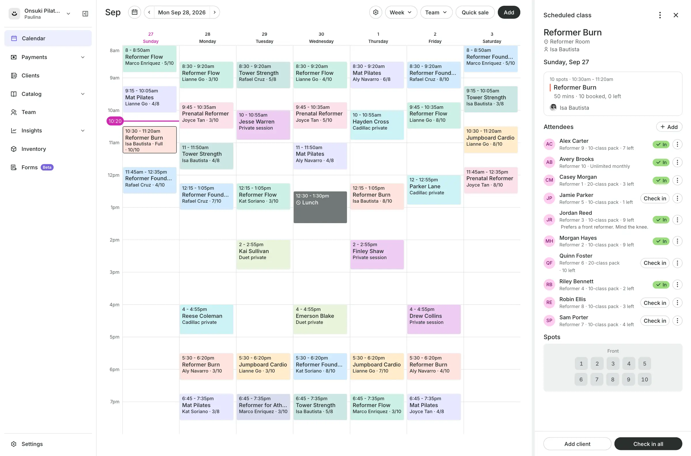 The Onsuki calendar in week view, with classes, private sessions and a lunch break blocked off, and a class open beside it: who is booked, who has checked in, and a Check in all button