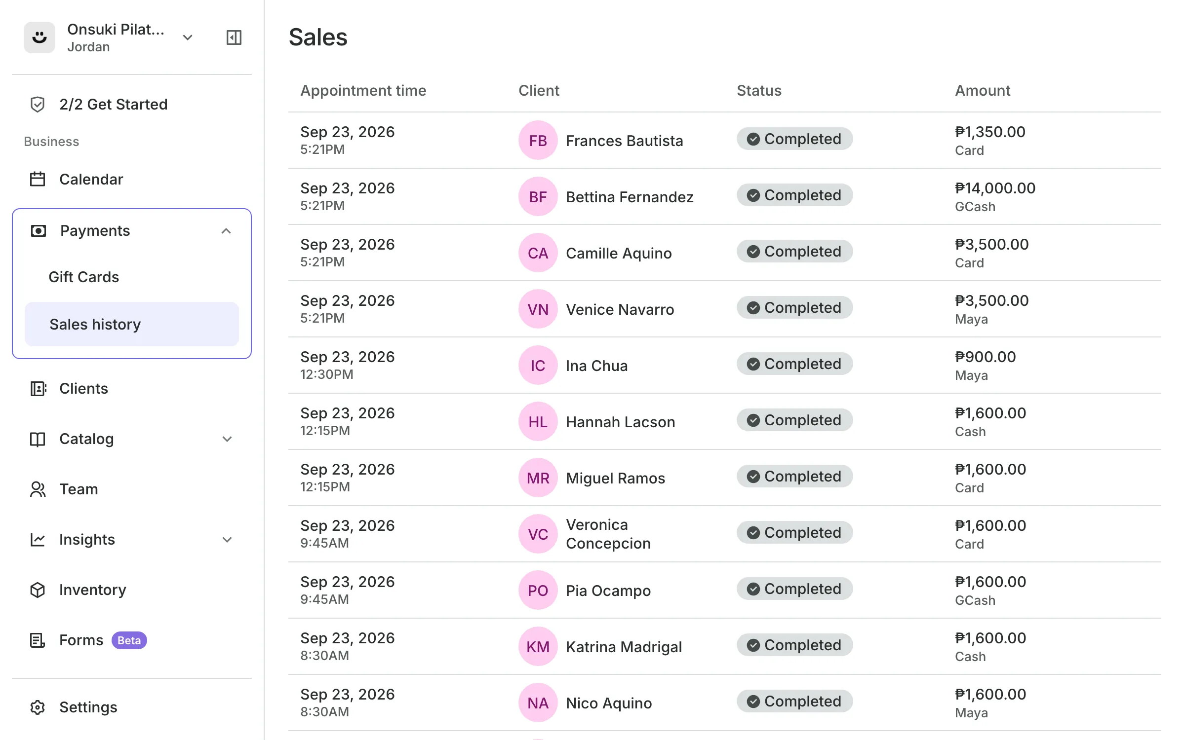 The Sales screen: today's sales, each with the client, the amount and how they paid, by card, GCash, Maya or cash
