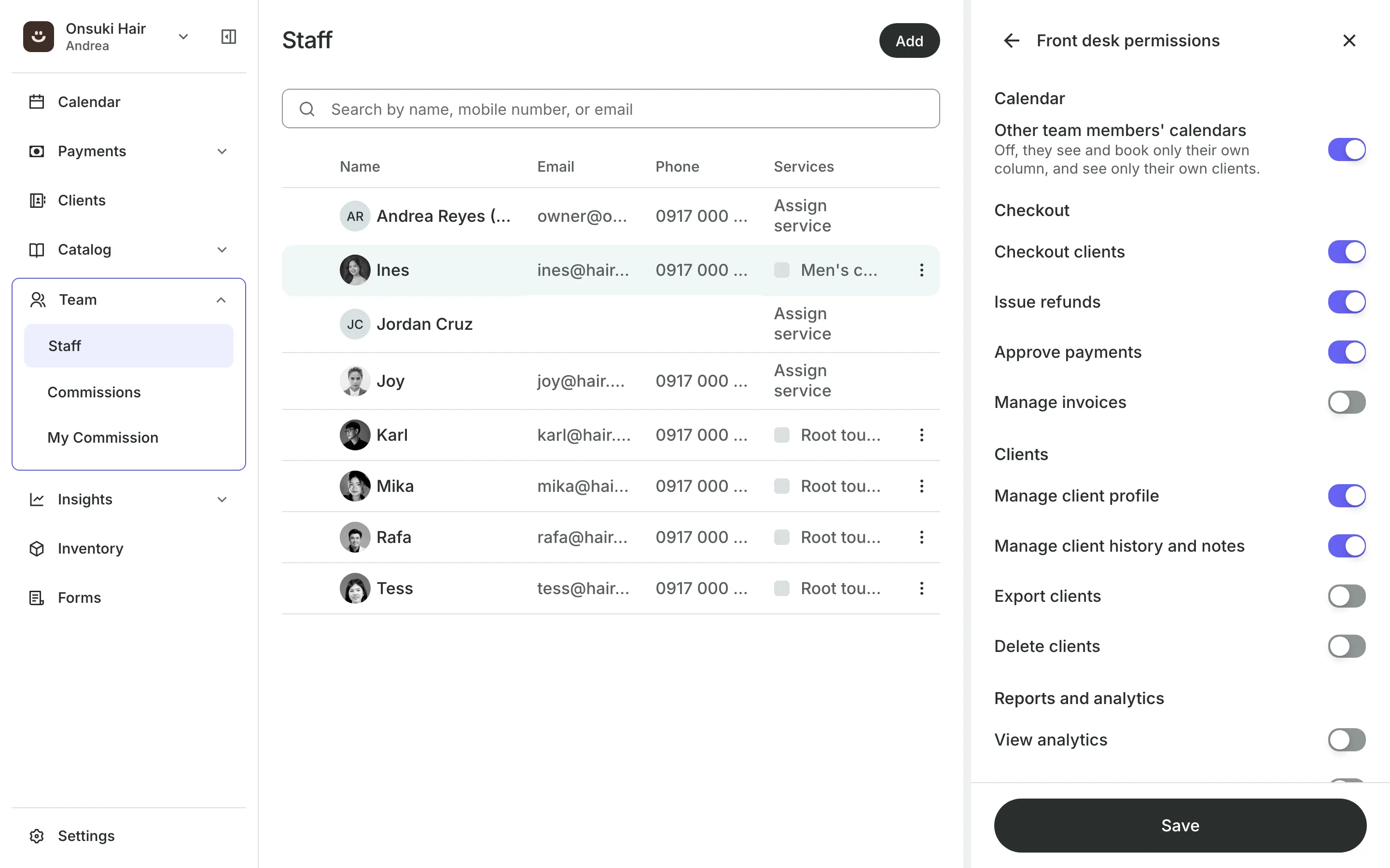 Turning single permissions on or off for one team member