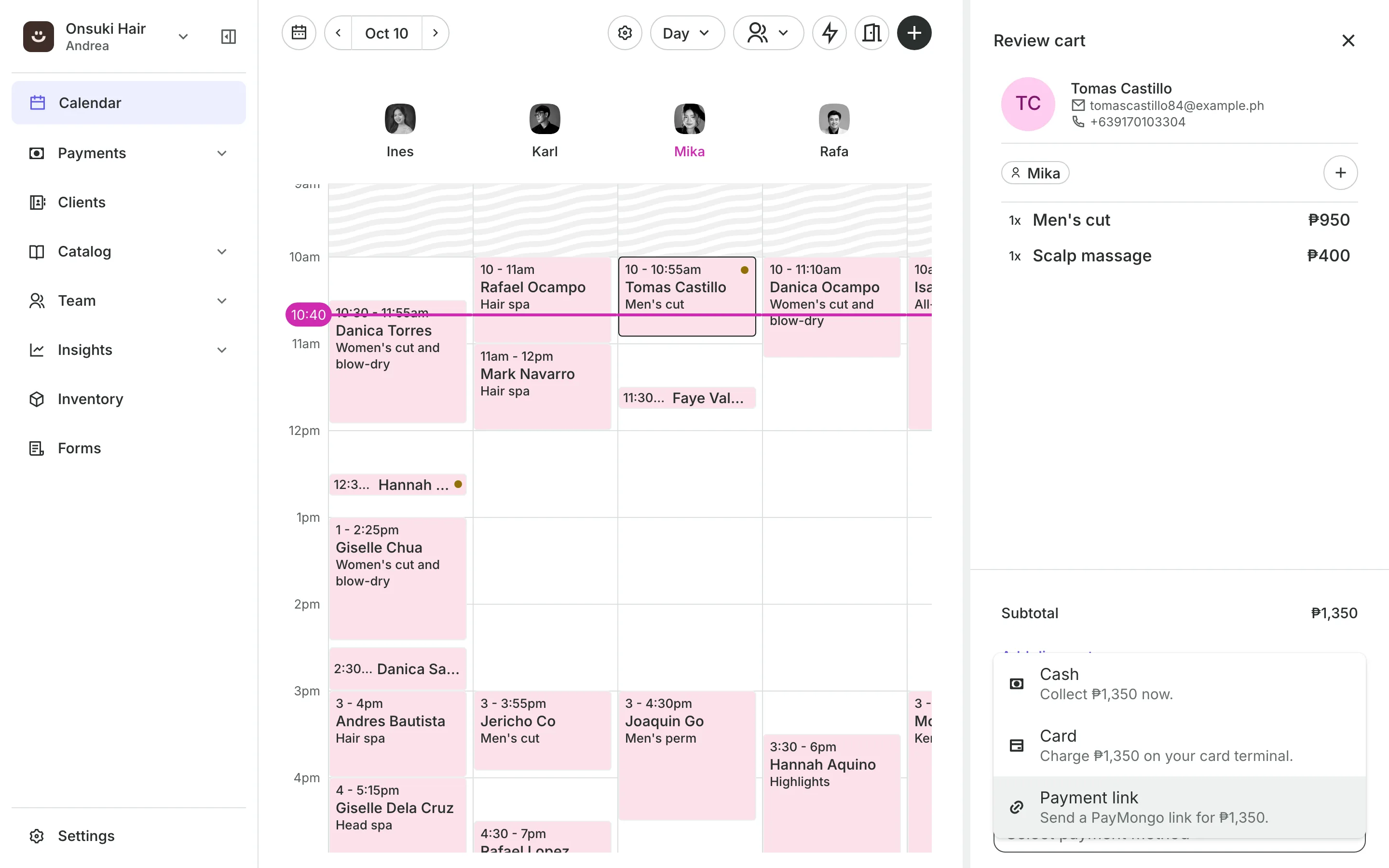 Checking a client out from the calendar: the services, the total and the payment