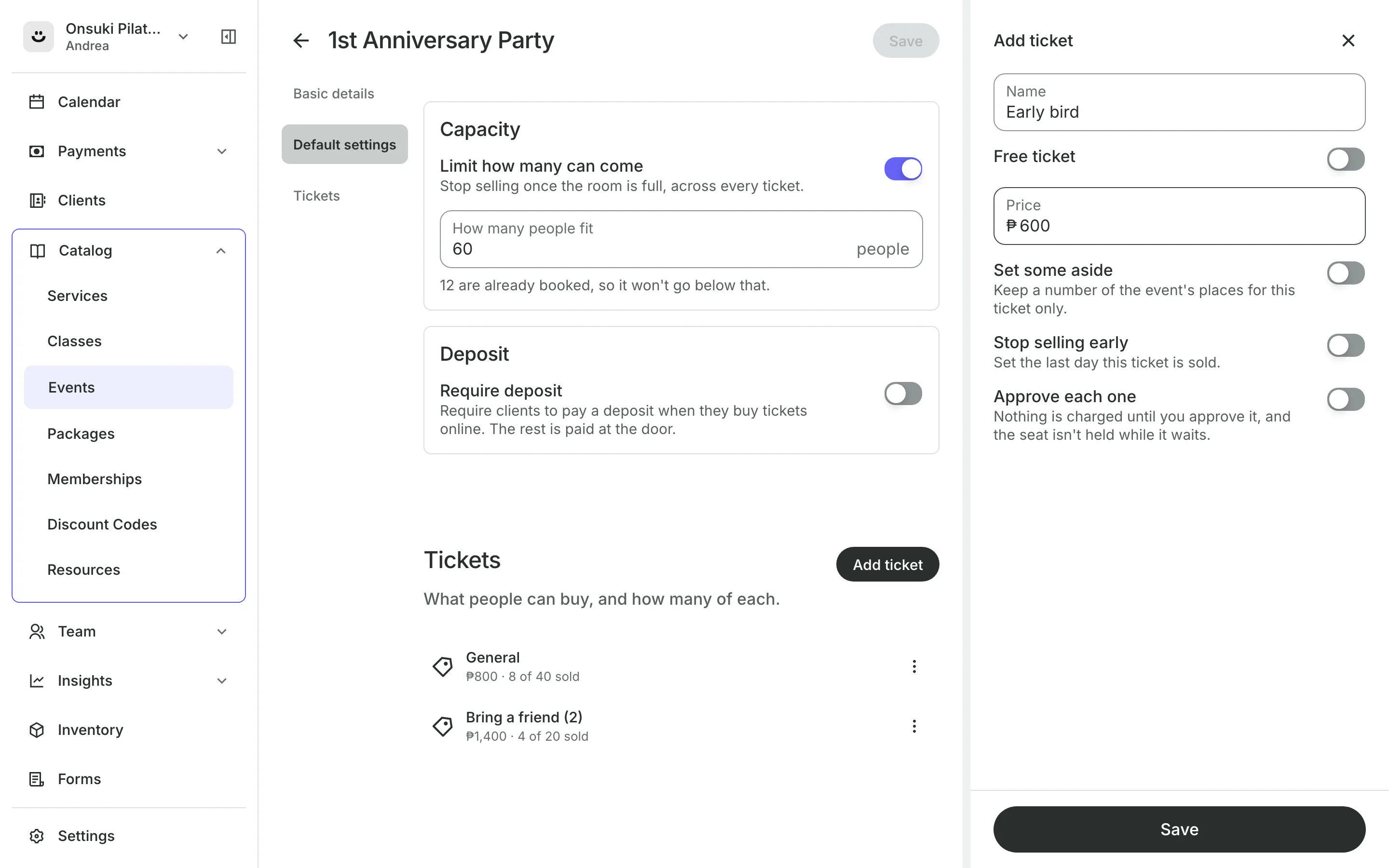 Creating an event: the date, the capacity and its ticket types