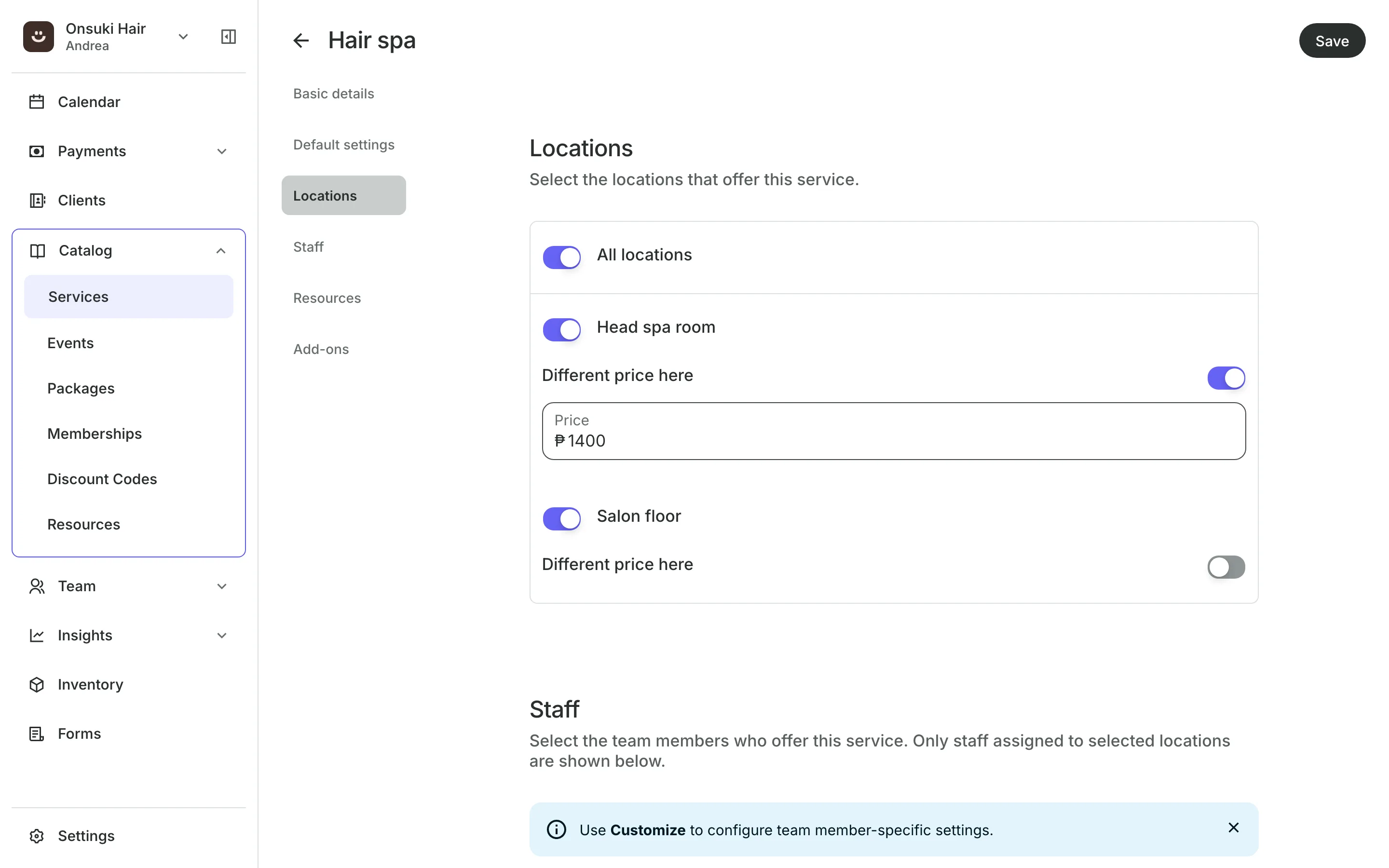 A service priced differently at each location