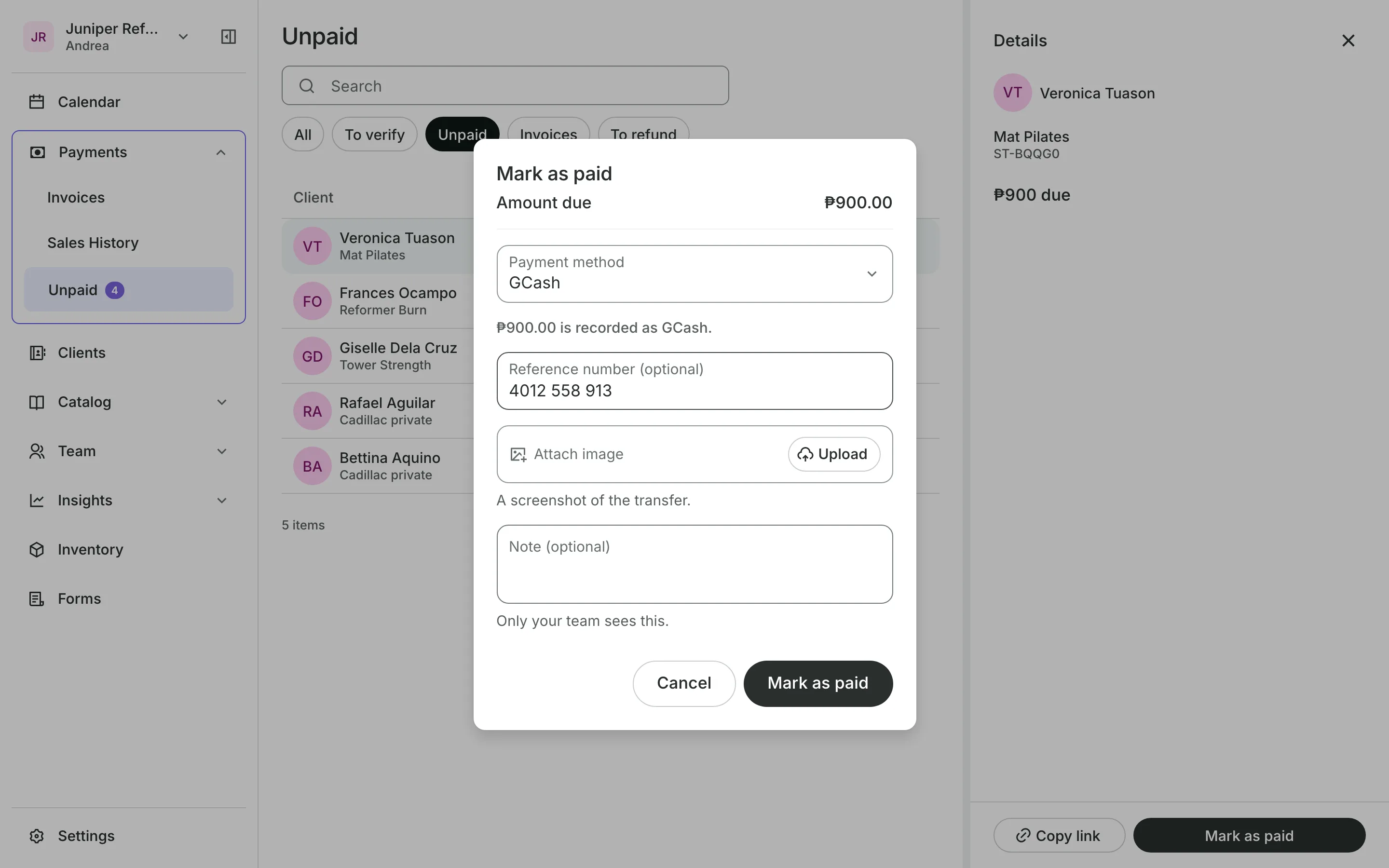 Recording a payment taken in person: the amount and how it was paid