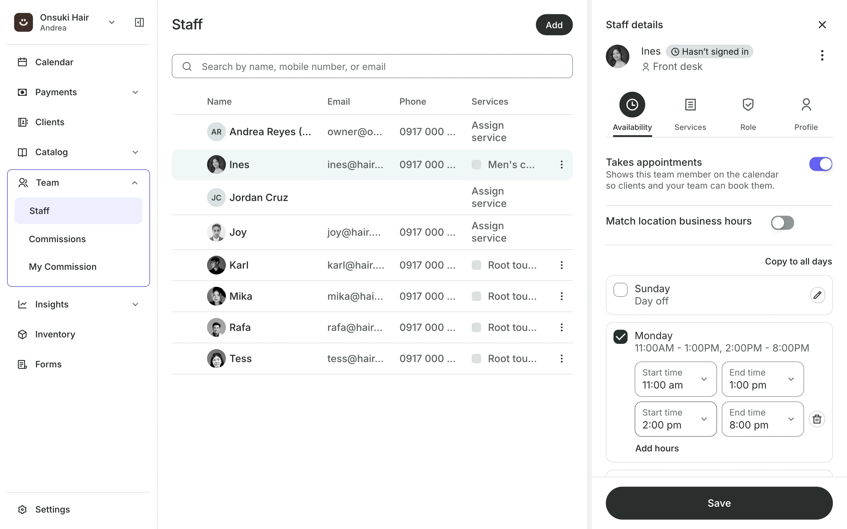 A team member's working hours by day