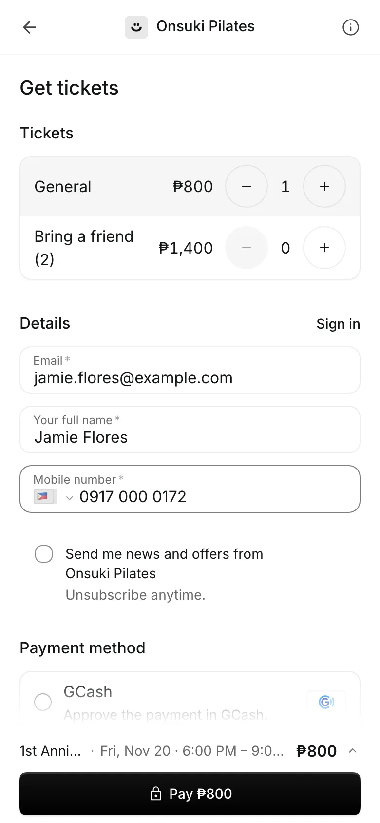 Getting tickets to an event on a phone: two ticket types and the client's details