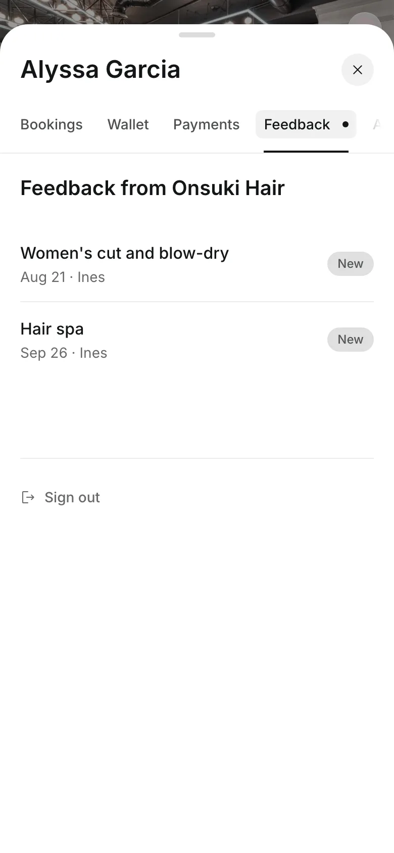 Feedback from the business on a client's phone, listed by visit