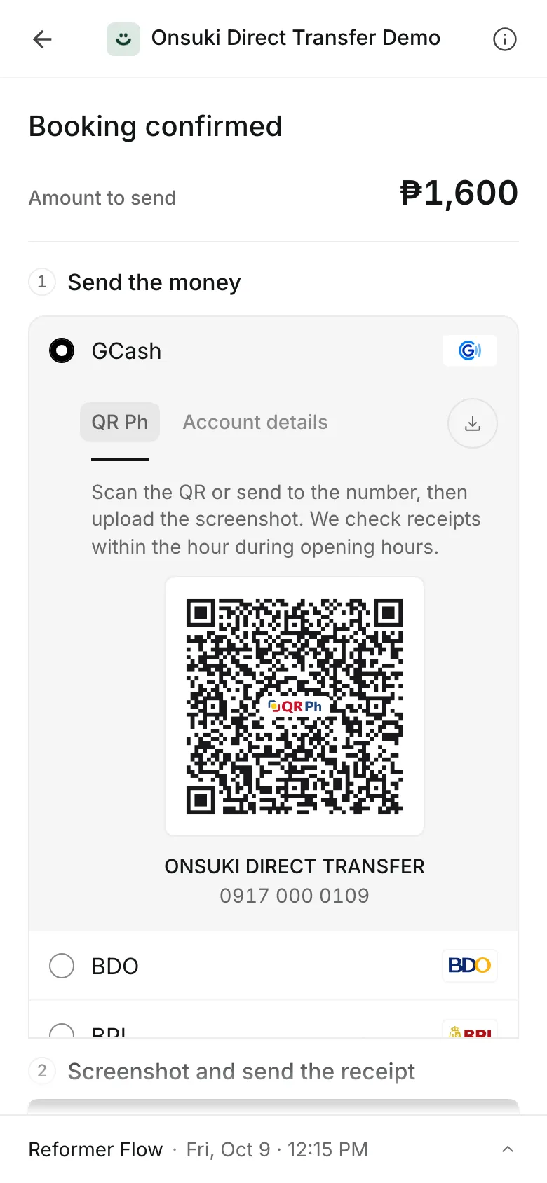 Paying on a phone: the amount to send, a QR Ph code for GCash, and BDO and BPI below it
