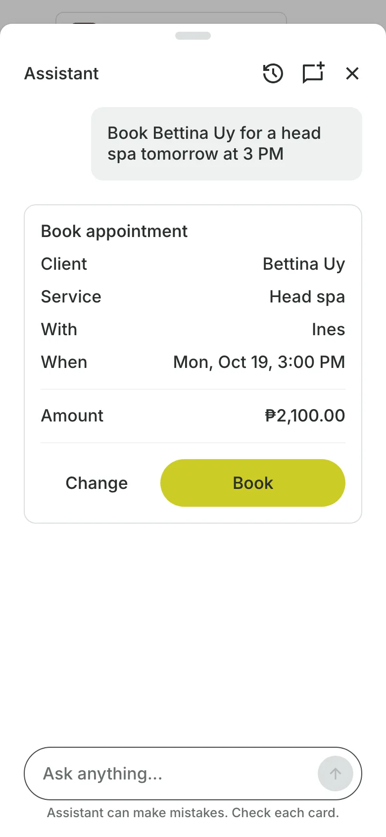The assistant on a phone: a booking card with the client, the service, who with, when, the amount, and Book