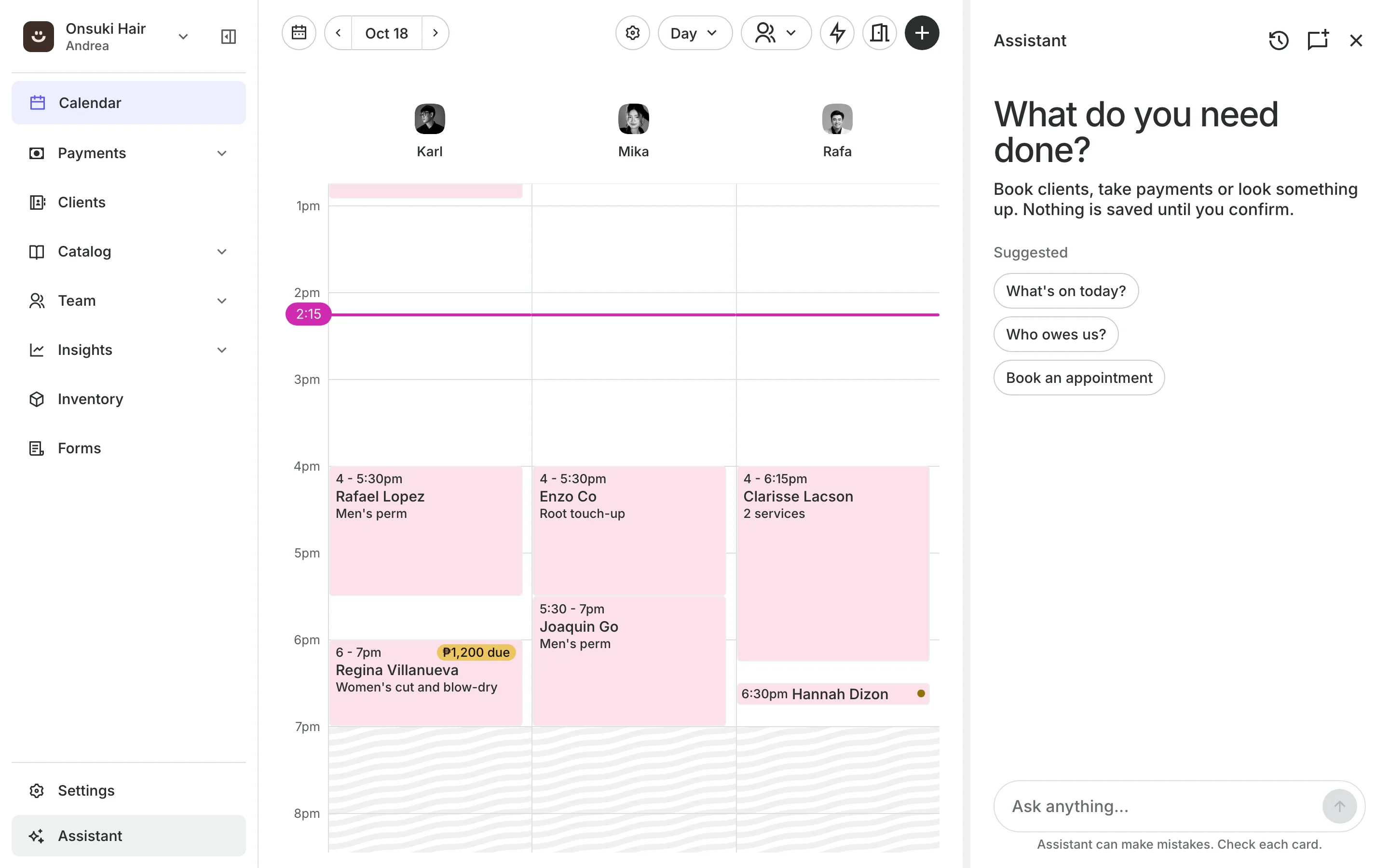 The assistant open beside the calendar: What do you need done?, and the suggested questions