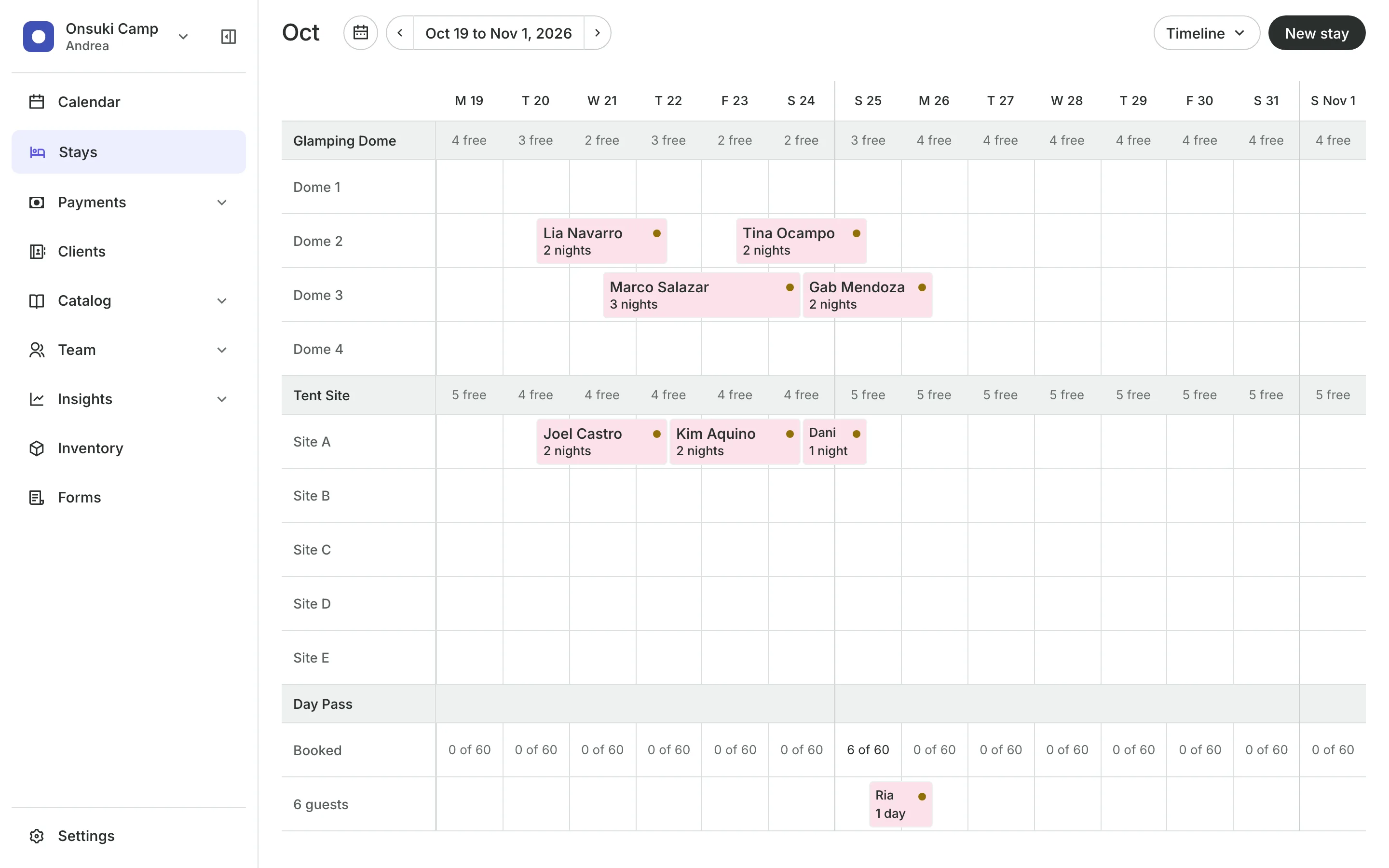 A campsite's Stays board: glamping domes and tent sites as rows, dates as columns, and a day pass counted per day
