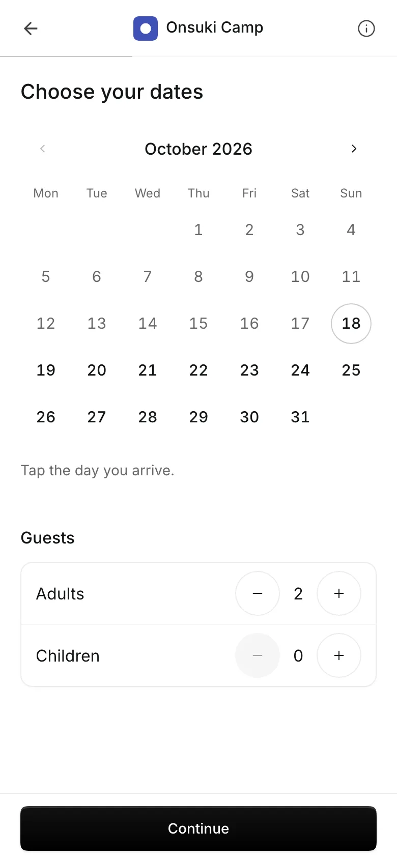 Booking at a campsite on a phone: choosing the dates and the number of adults and children