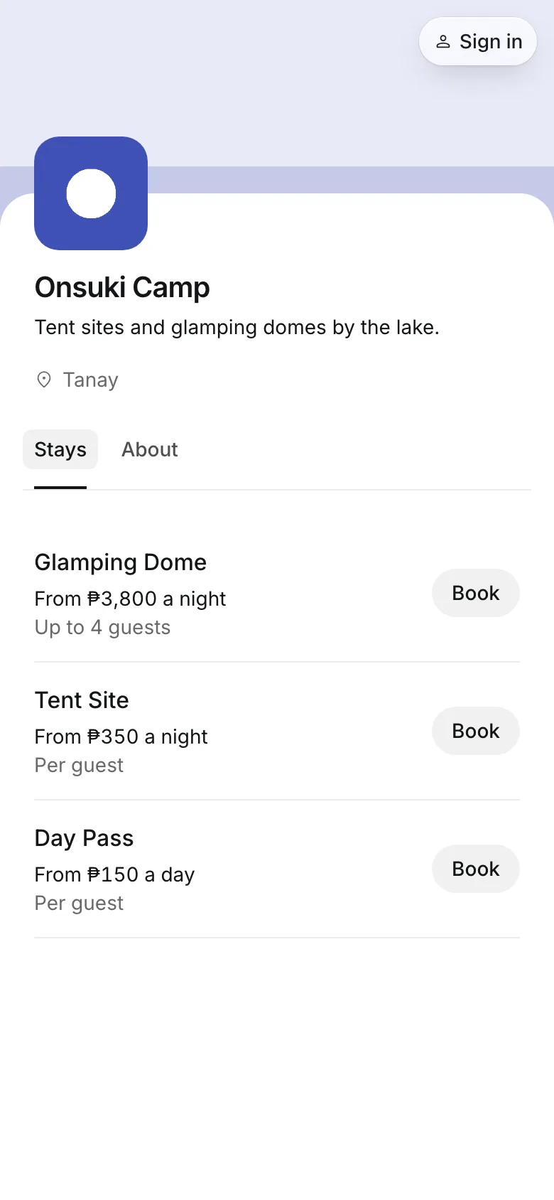 A campsite's booking page on a phone: glamping domes, tent sites, and a day pass with their rates