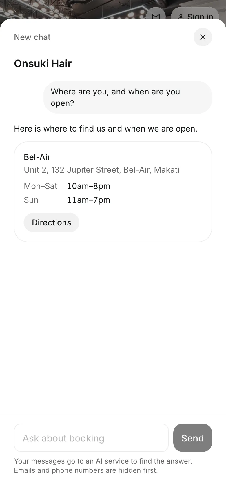 The chat on a salon's booking page: where the salon is and its hours, with Directions