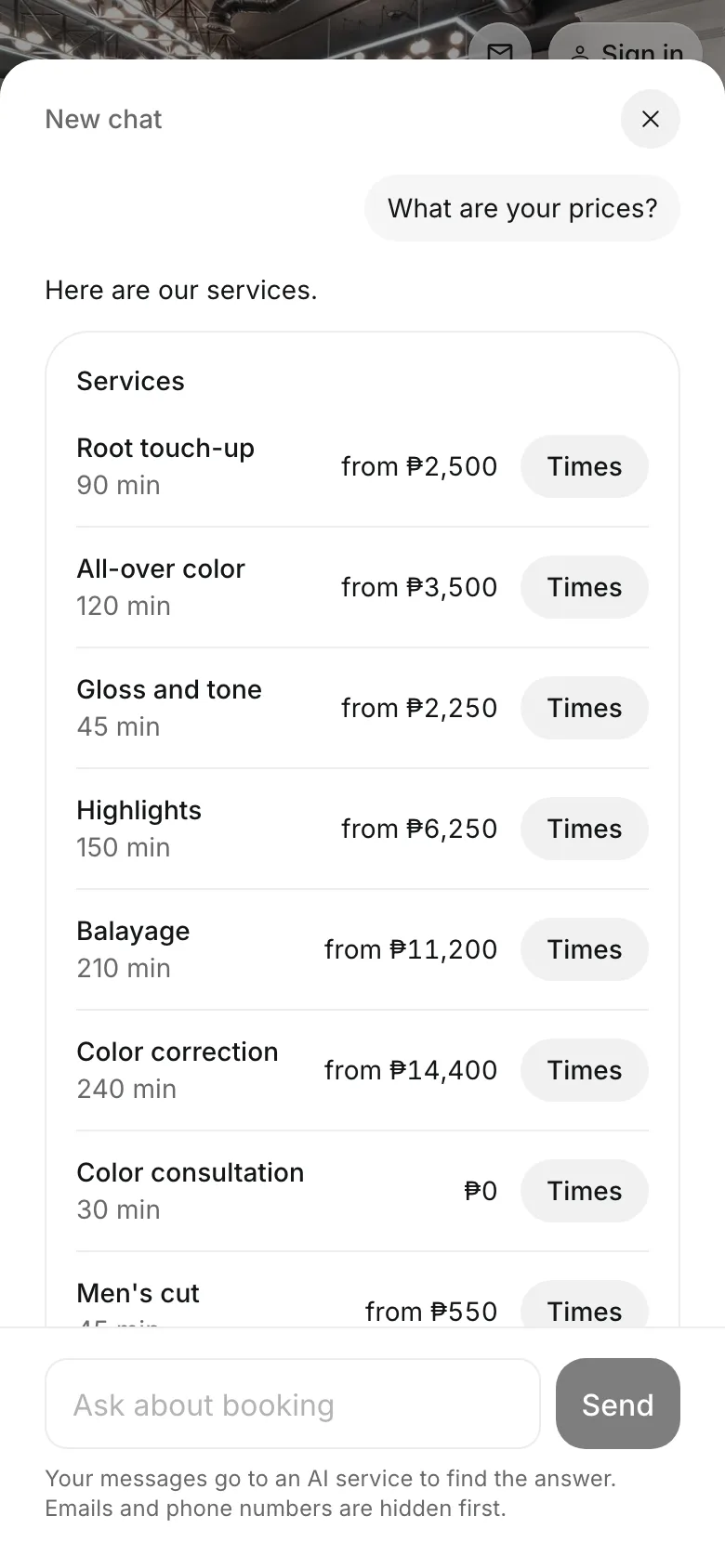 The chat on a salon's booking page: a customer asks the prices and gets the services, each with its price and Times