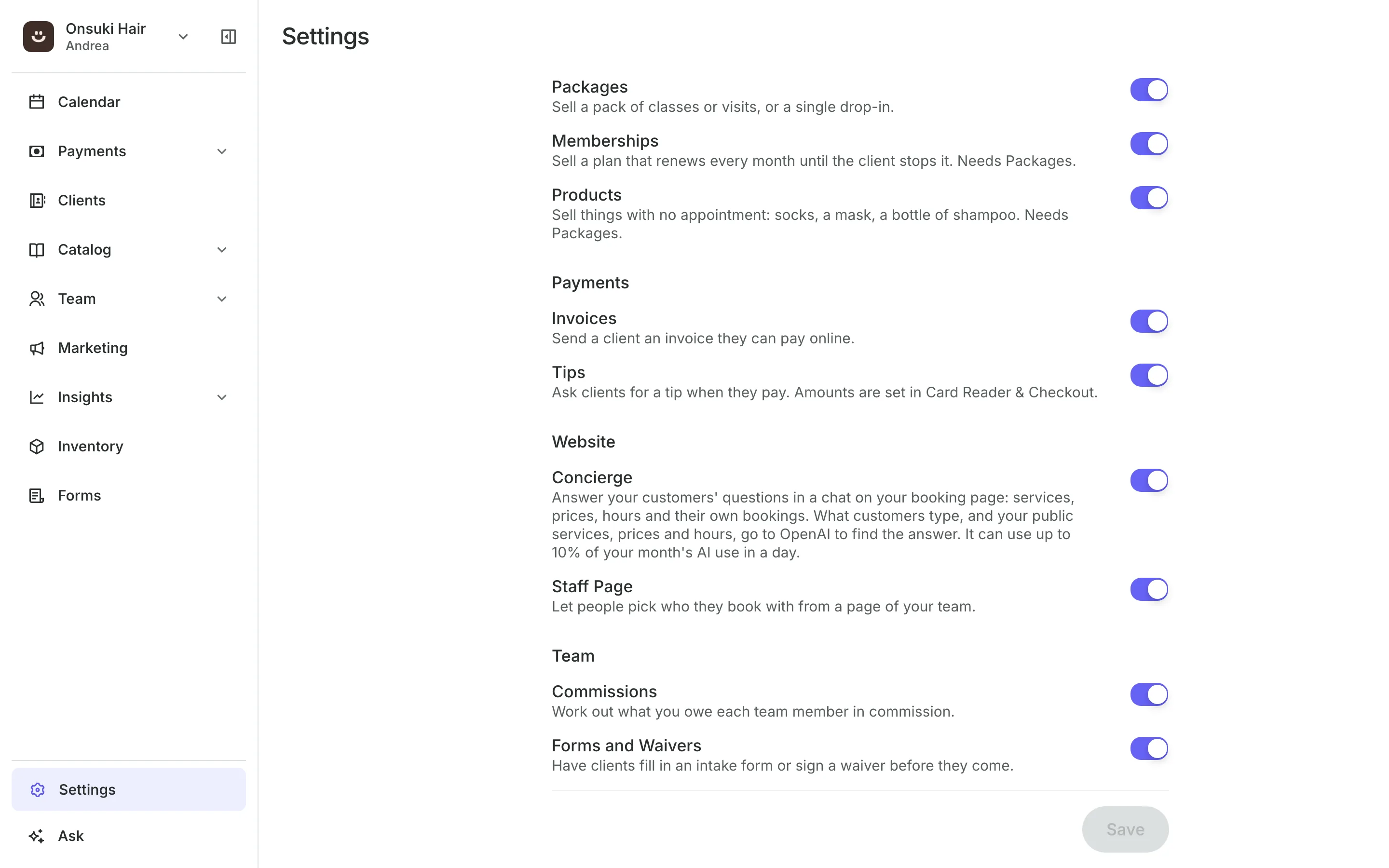 Settings, Features: the Concierge switch under Website, with what it sends and how much AI use it may take in a day