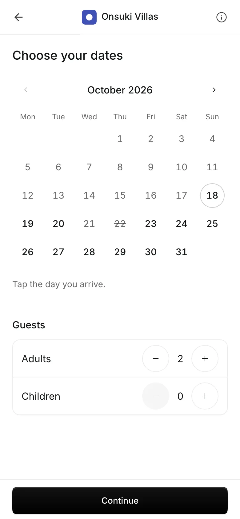 Booking a rental on a phone: choosing the dates and the number of adults and children