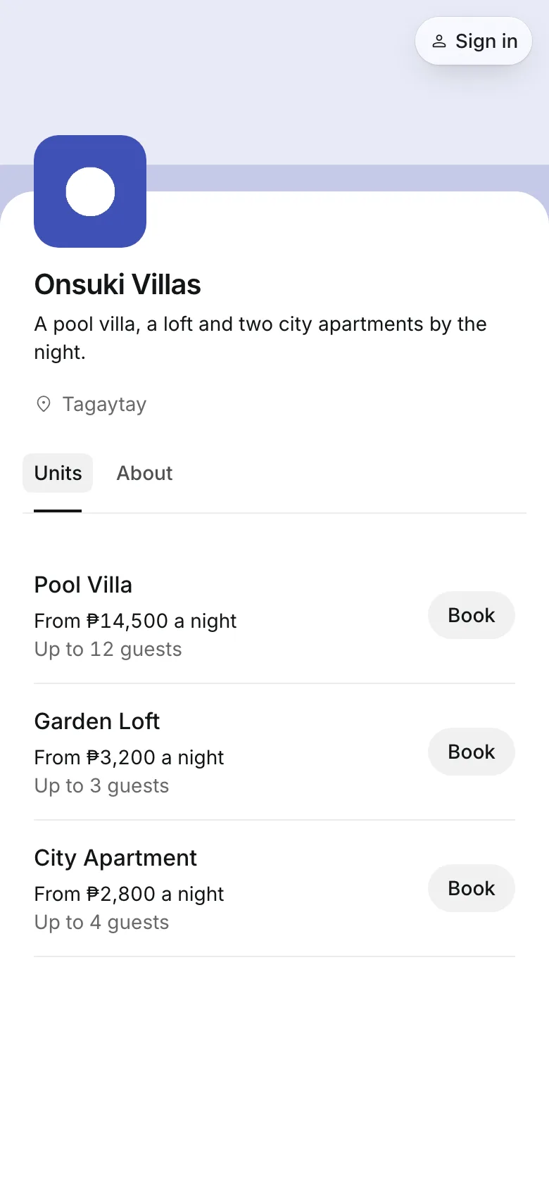 A short-term rental's booking page on a phone: a pool villa, a loft, and a city apartment with their nightly rates