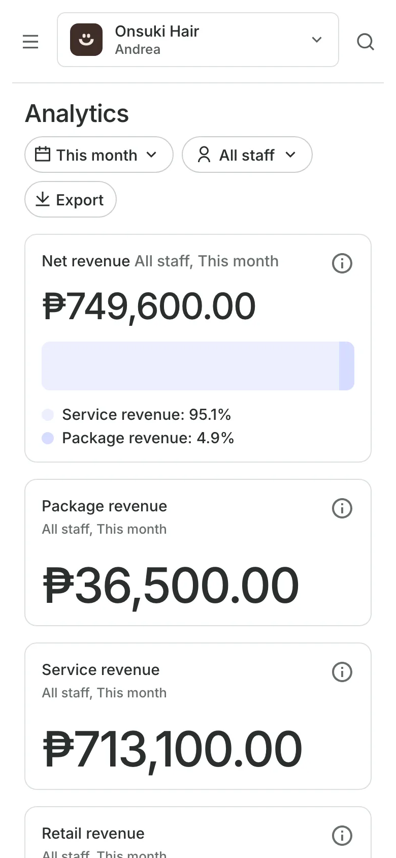 Analytics on a phone: net revenue for the month, then package and service revenue