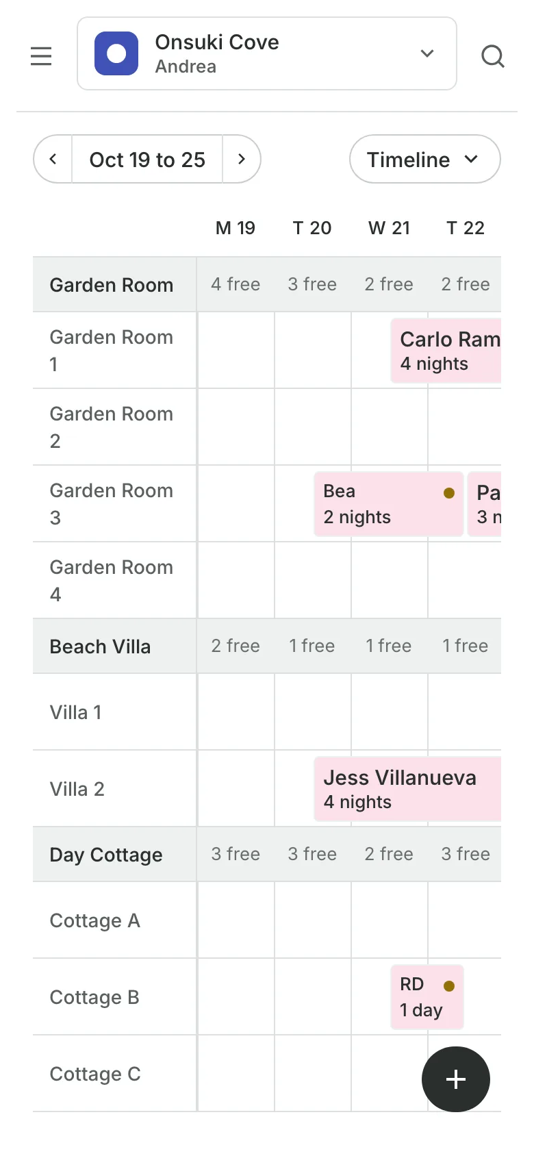 The Stays board on a phone: rooms as rows and the week's stays across them
