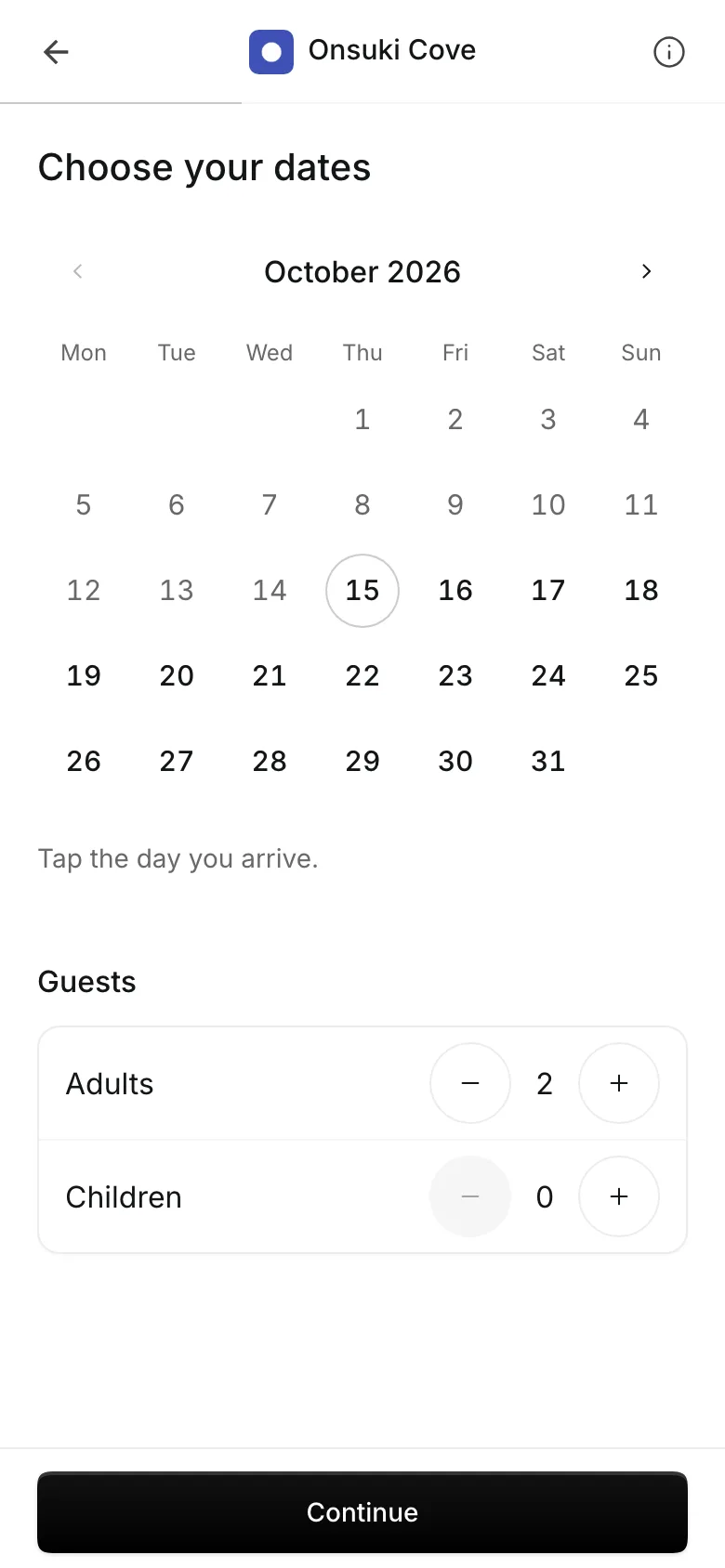 Booking a room on a phone: choosing the dates and the number of adults and children
