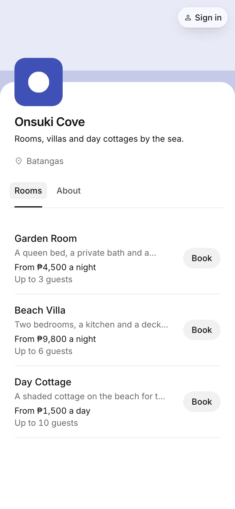 A resort's booking page on a phone: garden rooms, beach villas, and day cottages with their rates