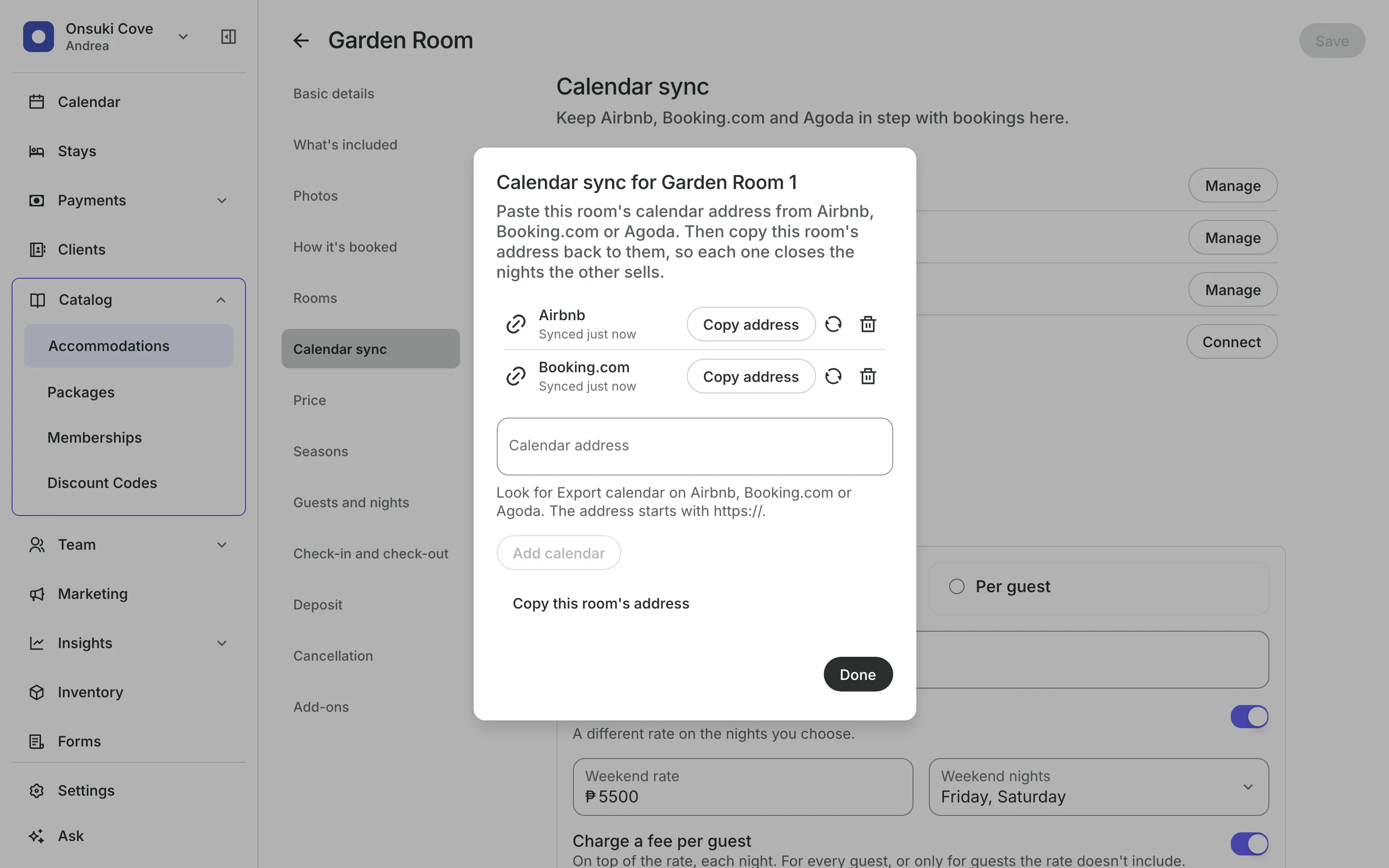 Calendar sync for a room: Airbnb and Booking.com connected, each synced, with its address to copy back