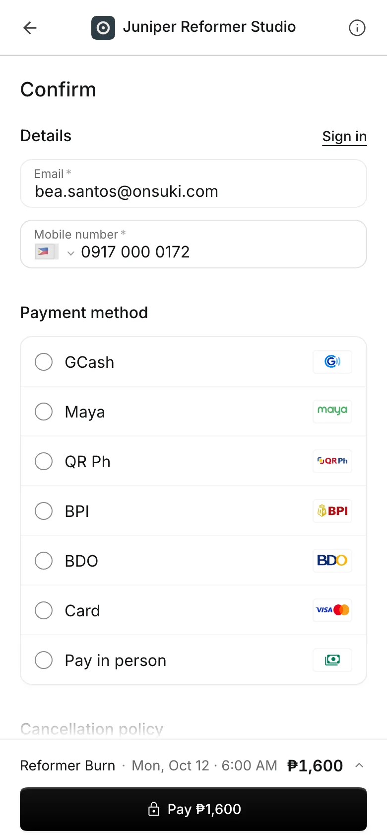 The checkout's payment step on a phone: GCash, Maya, QR Ph, BPI, BDO, card, and Pay in person, each with its logo