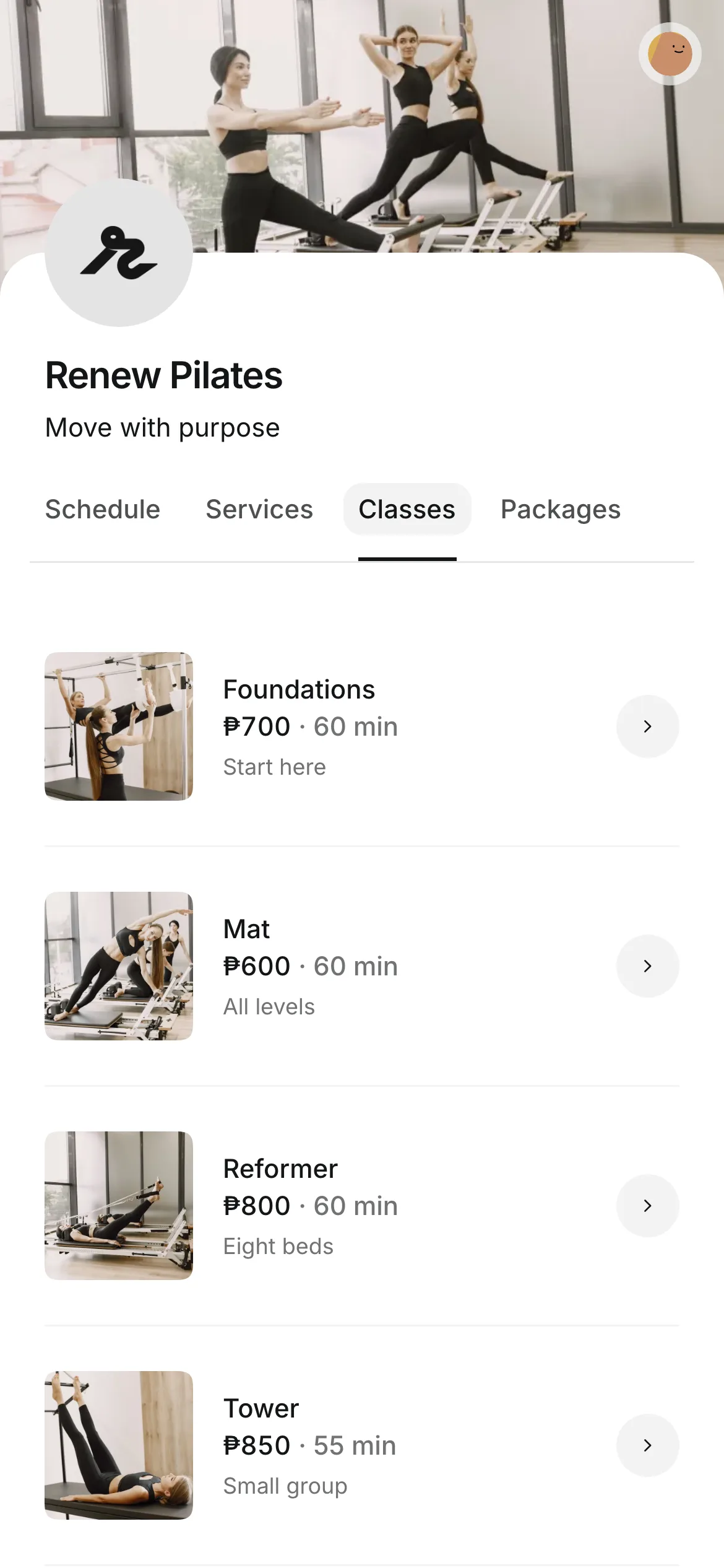 Renew Pilates' Classes tab on a phone: four classes, each with its own photo