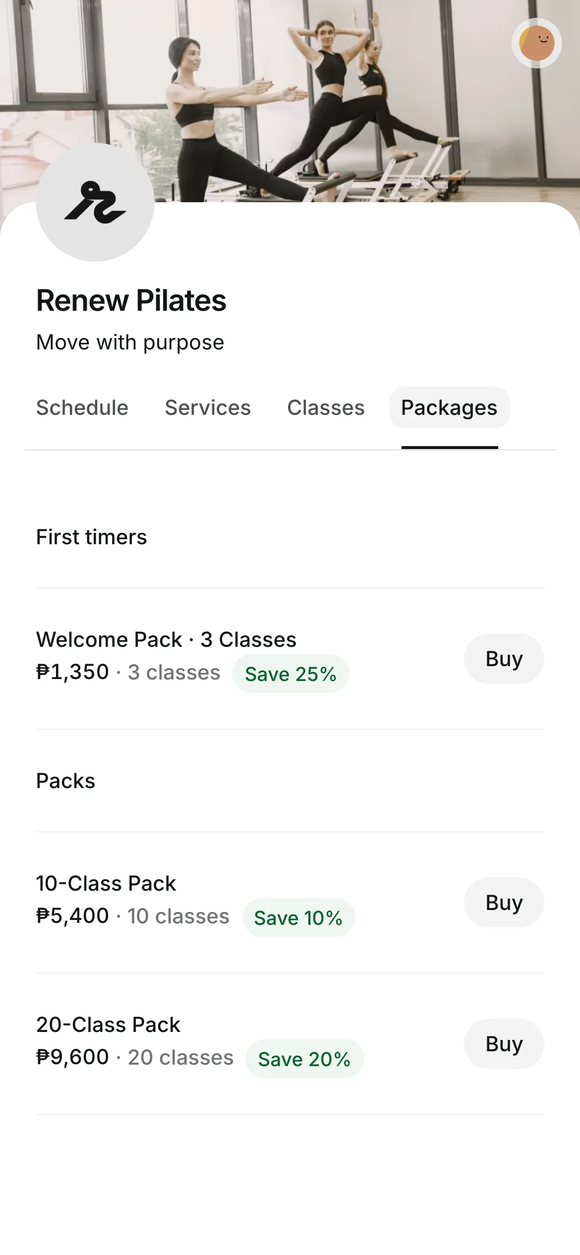 The Packages tab on a phone: class packs with their prices