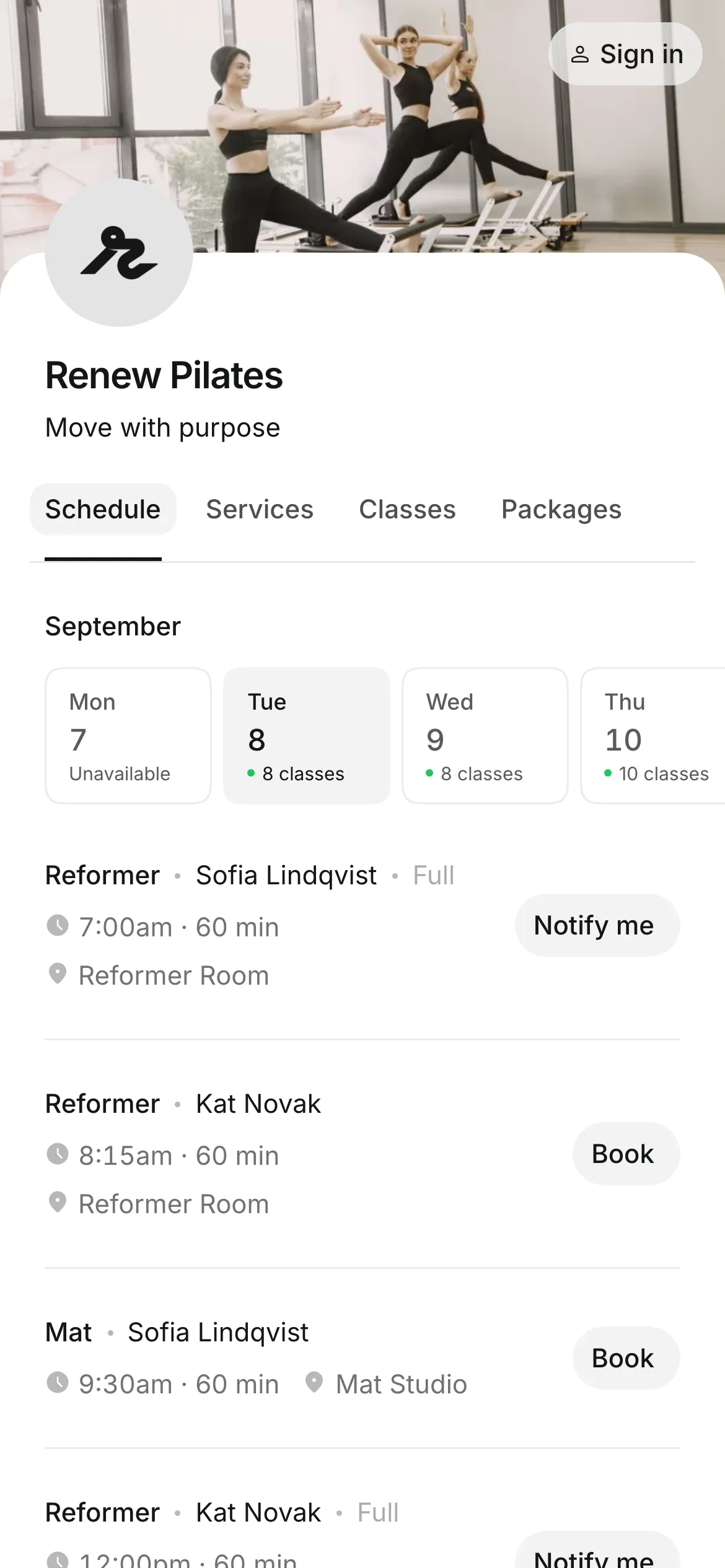 Renew Pilates' booking page on a phone: Tuesday's classes, open to book