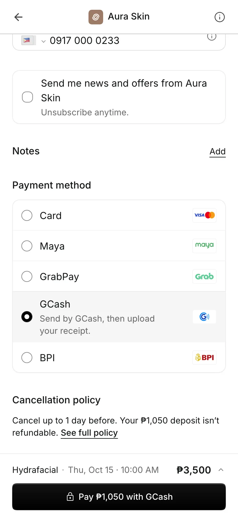 Checkout on a phone: the ways to pay, with the logos of Visa, Mastercard, Maya, GrabPay, GCash, and BPI, the cancellation policy, and the deposit to pay now