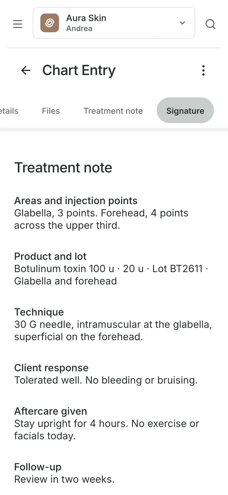 A treatment note: areas and injection points, product and lot, technique, response, aftercare, and follow-up