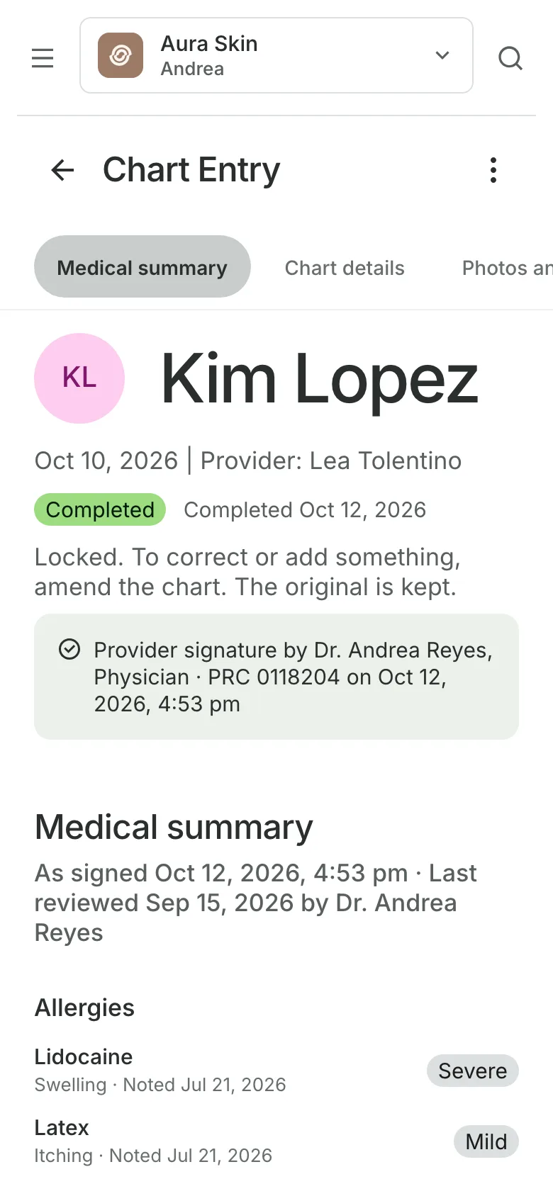 A chart entry marked Completed and locked, with the provider's signature line and the client's allergies