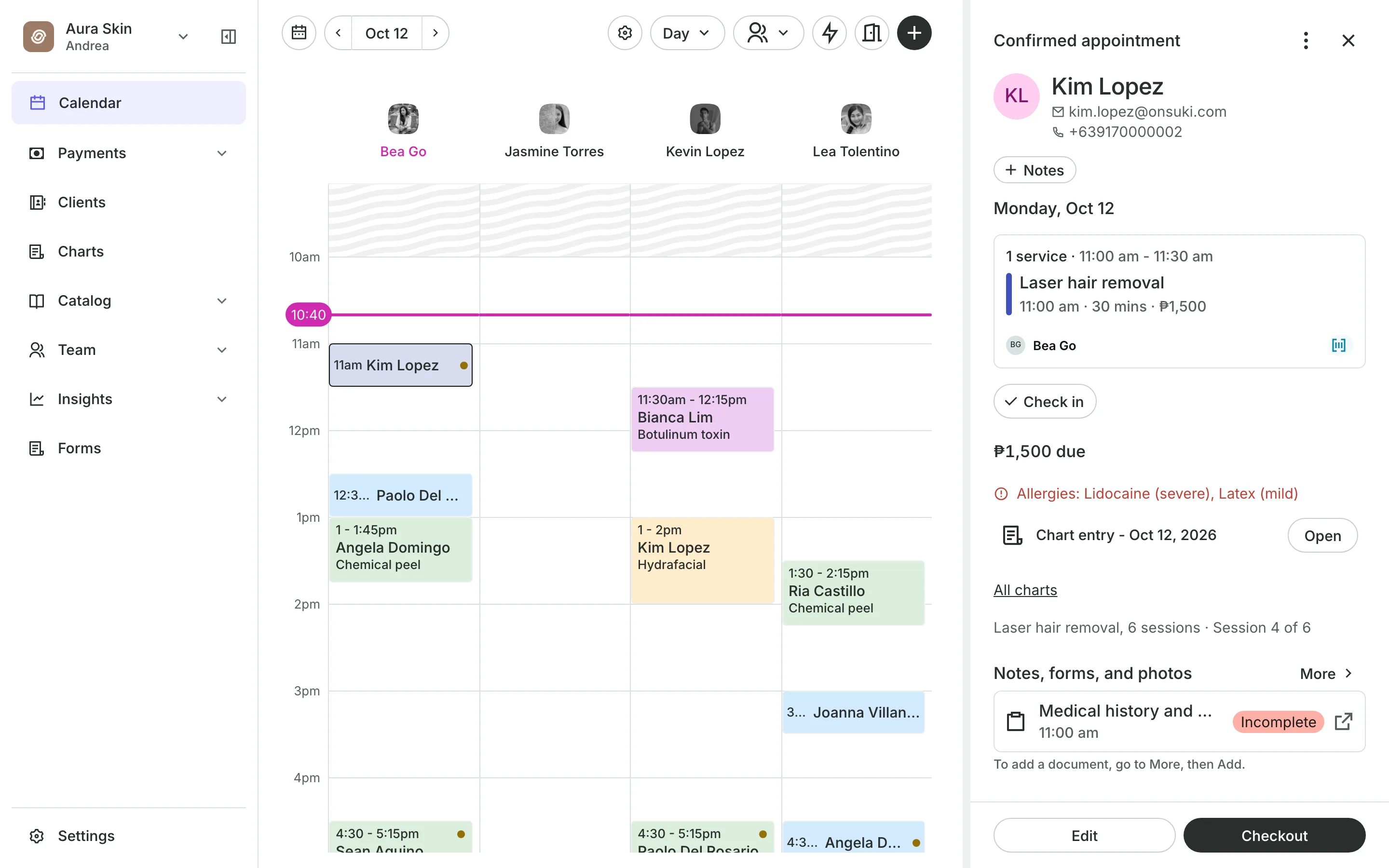 An appointment open on the calendar: the client's allergies in red, the chart entry, and Session 4 of 6 of the plan