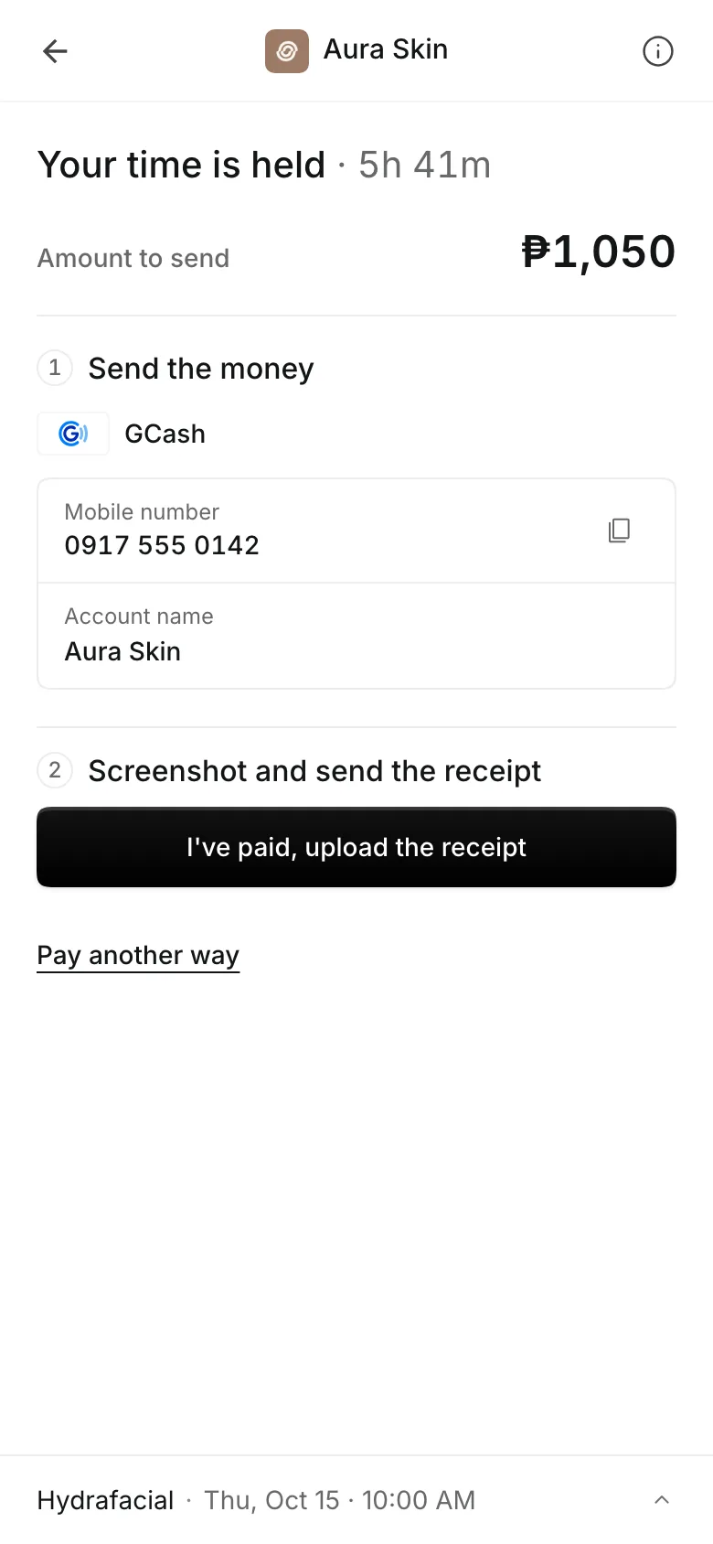 The transfer step on a phone: the amount to send, the clinic's GCash number, and the button to upload the receipt