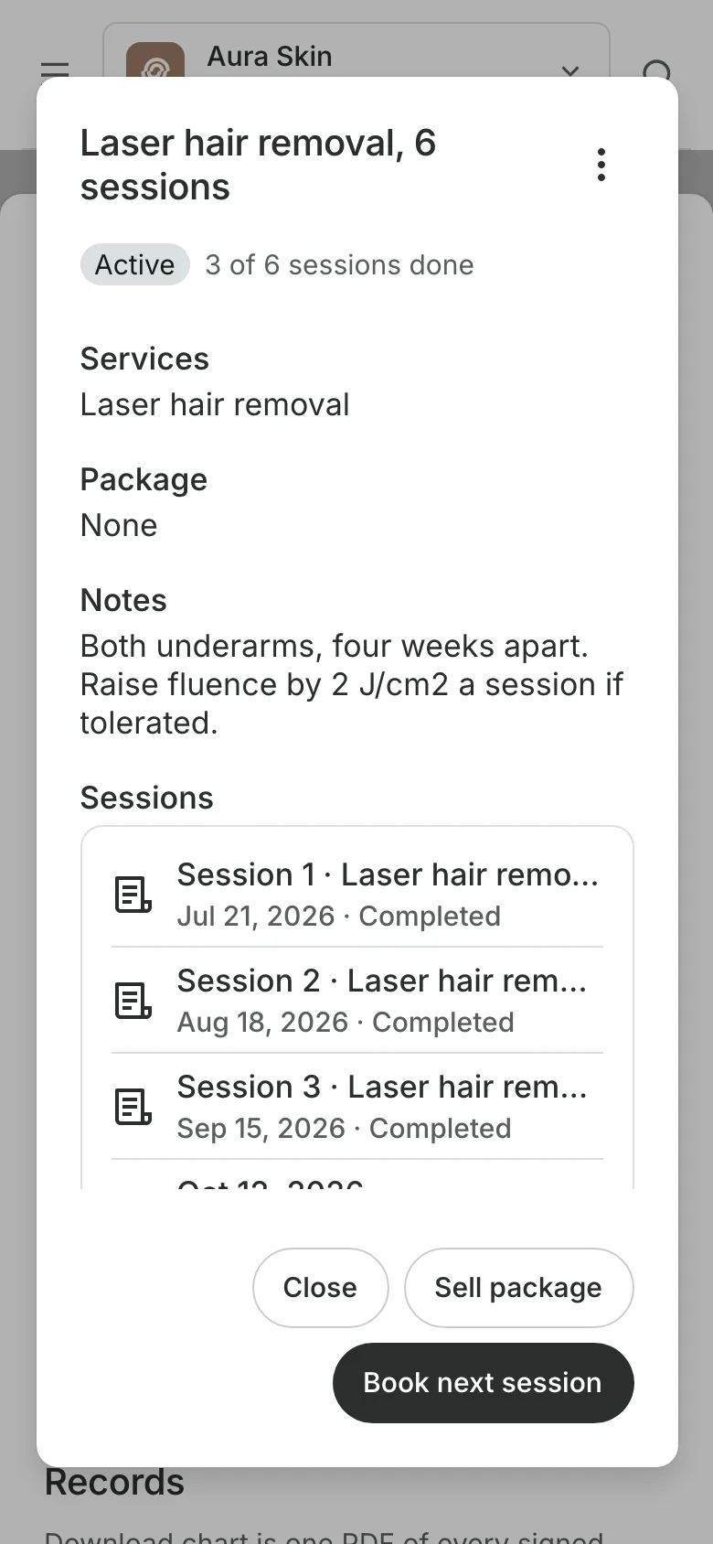 A treatment plan of six sessions: three completed with their dates, and the buttons Sell package and Book next session