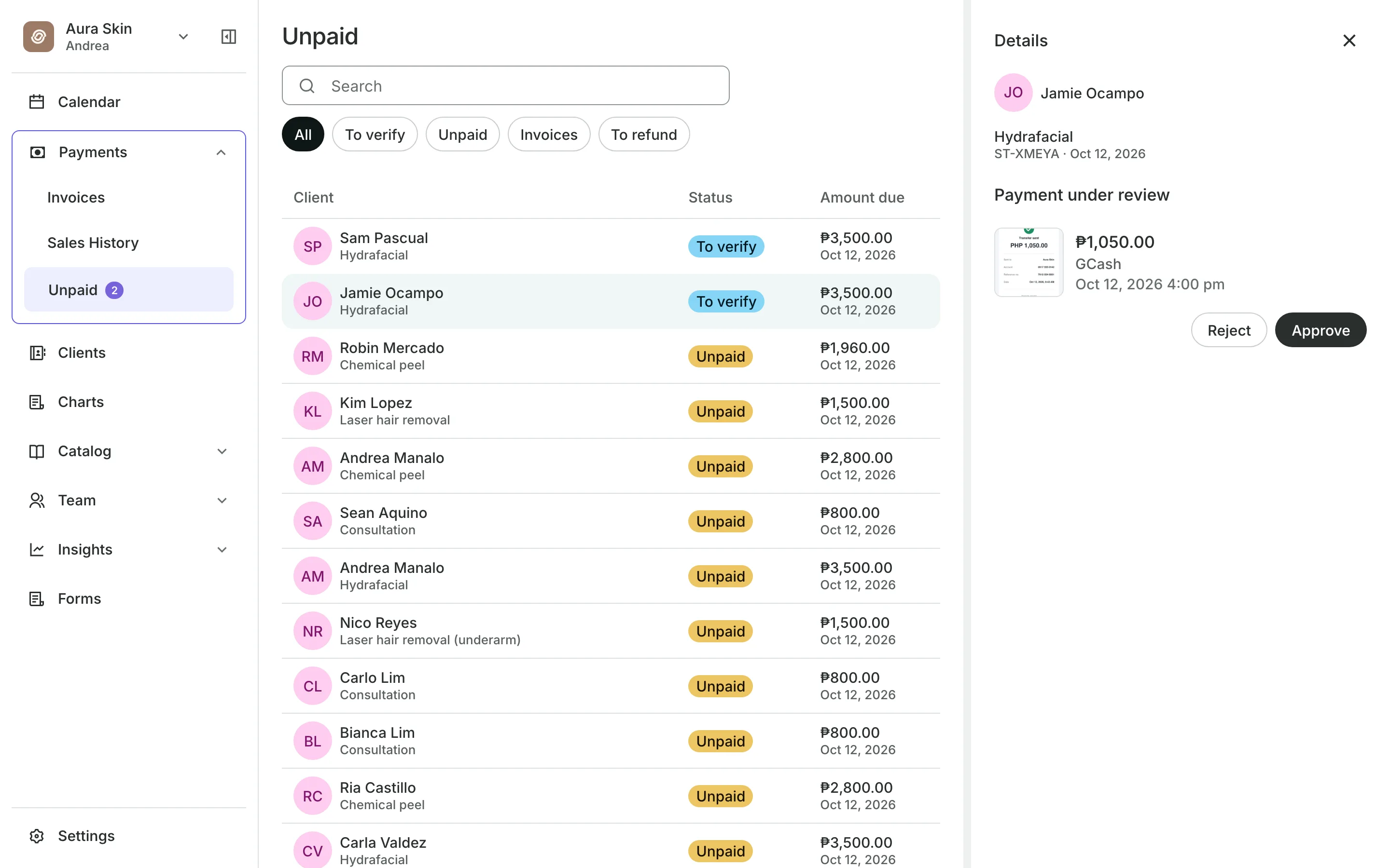 Unpaid with a transfer receipt open: the amount, GCash, and the Reject and Approve buttons