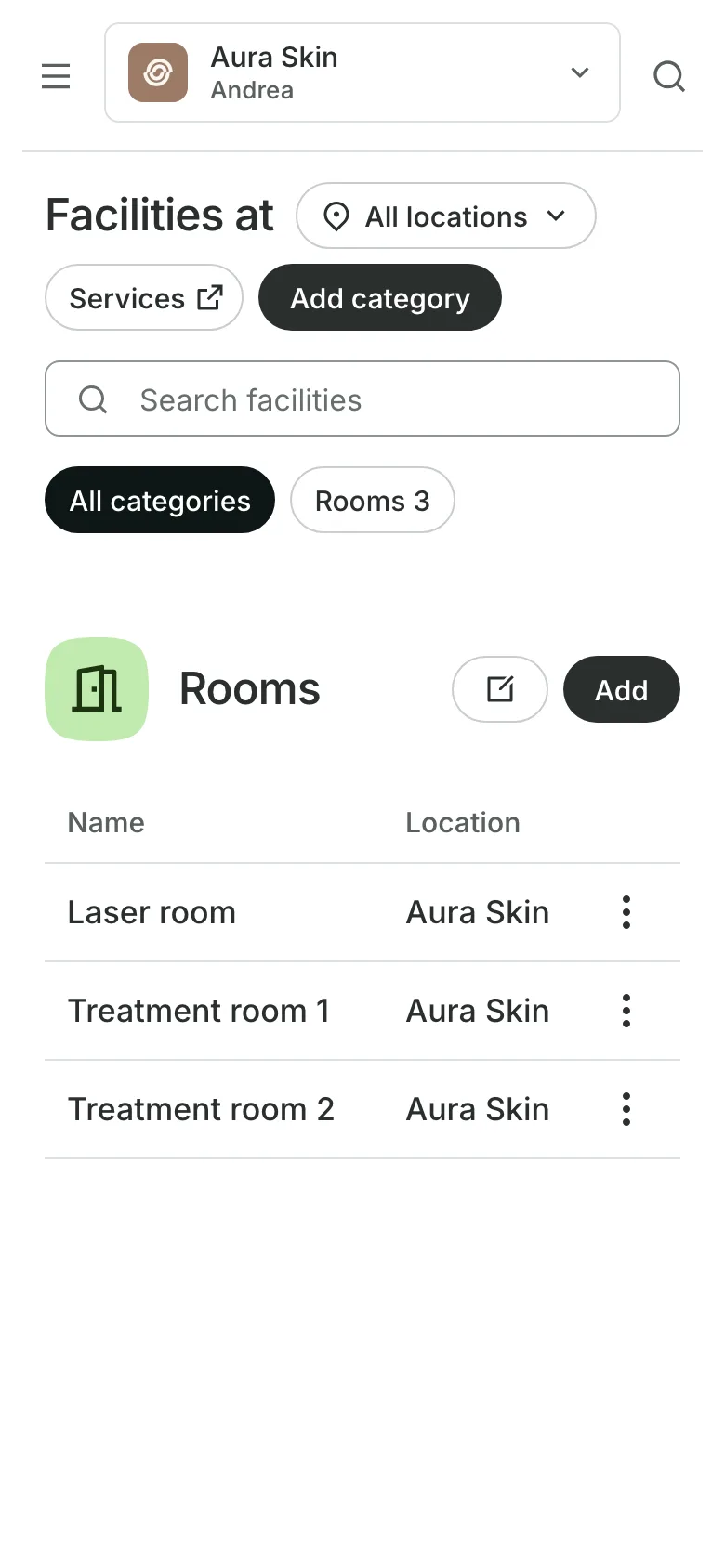 The clinic's rooms on a phone: the laser room and two treatment rooms