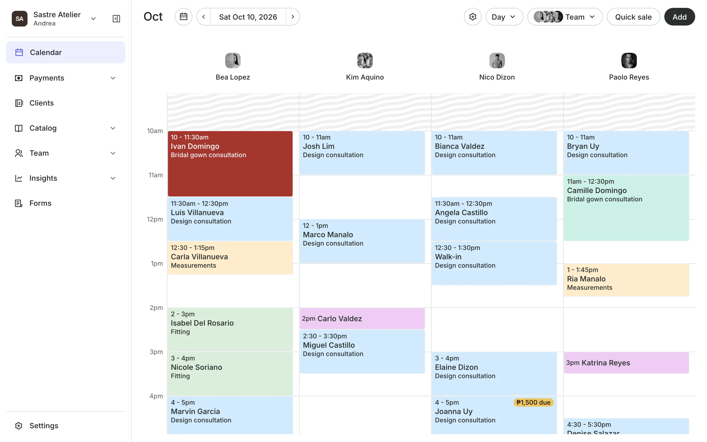 The calendar in day view: the team's columns and the day's bookings