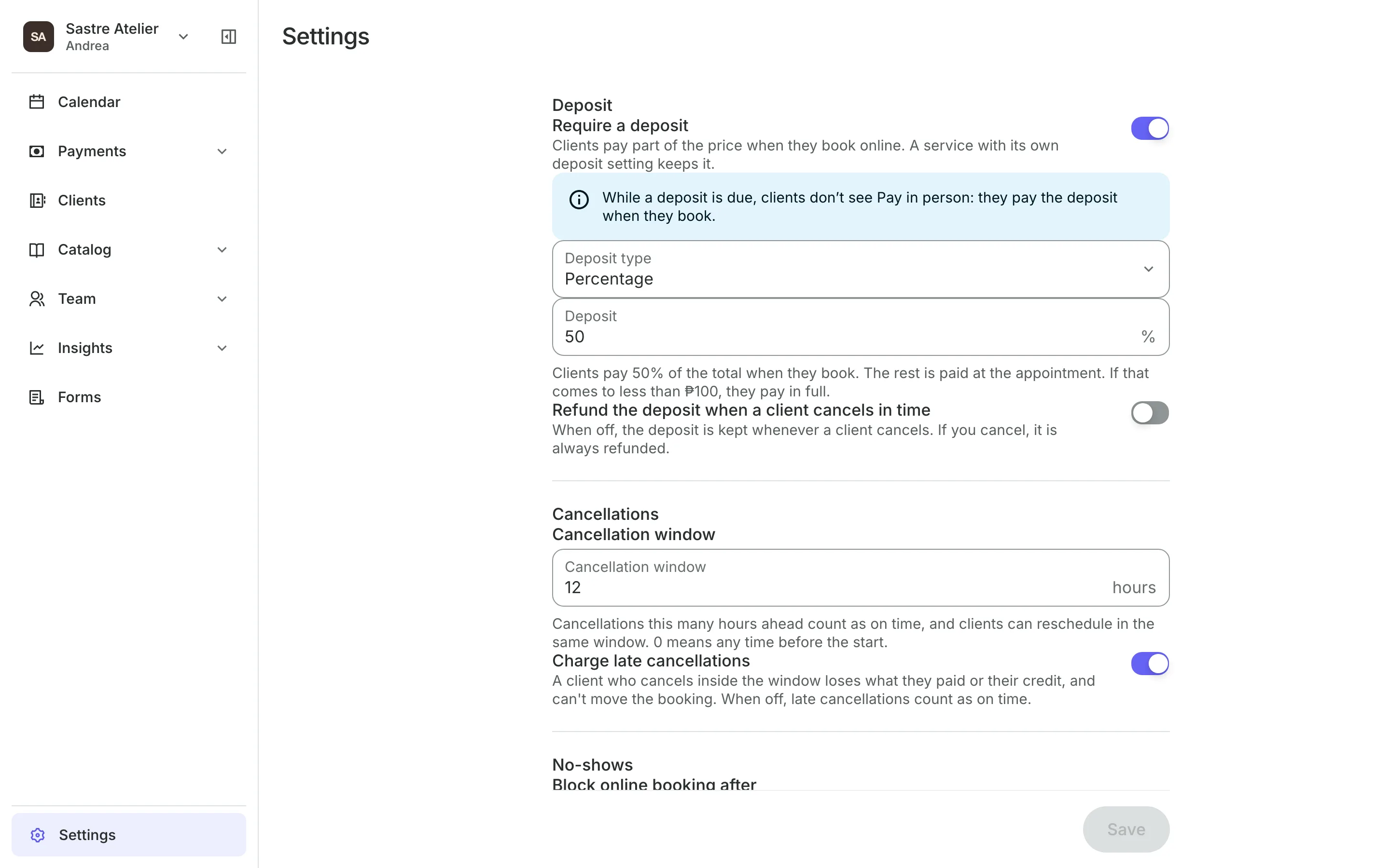 Deposit and cancellation settings: the deposit, the window and what clients see