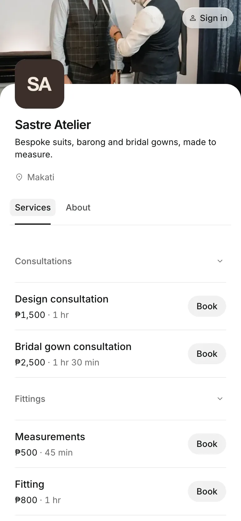 The business's booking page on a phone