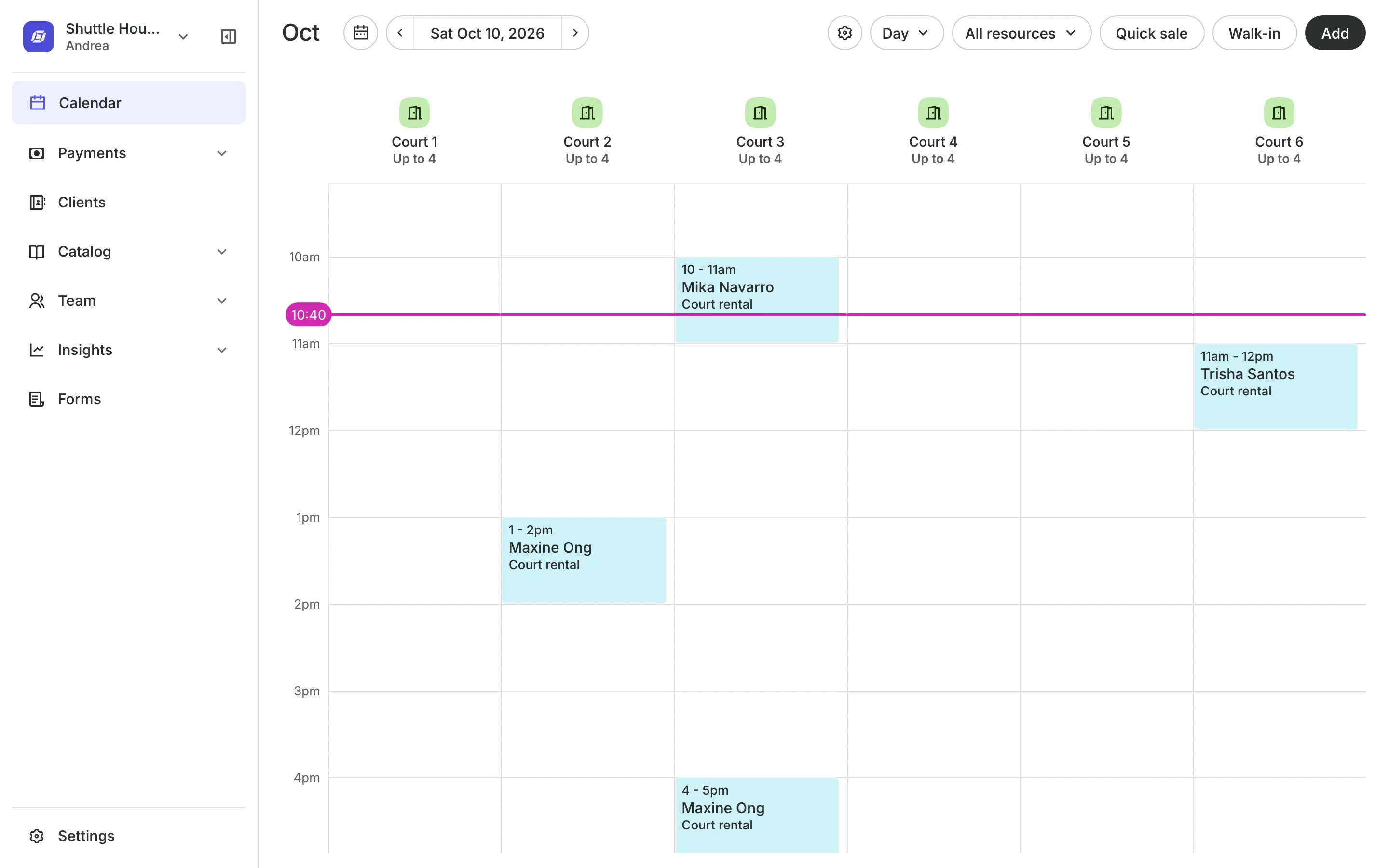 The calendar in day view: the team's columns and the day's bookings