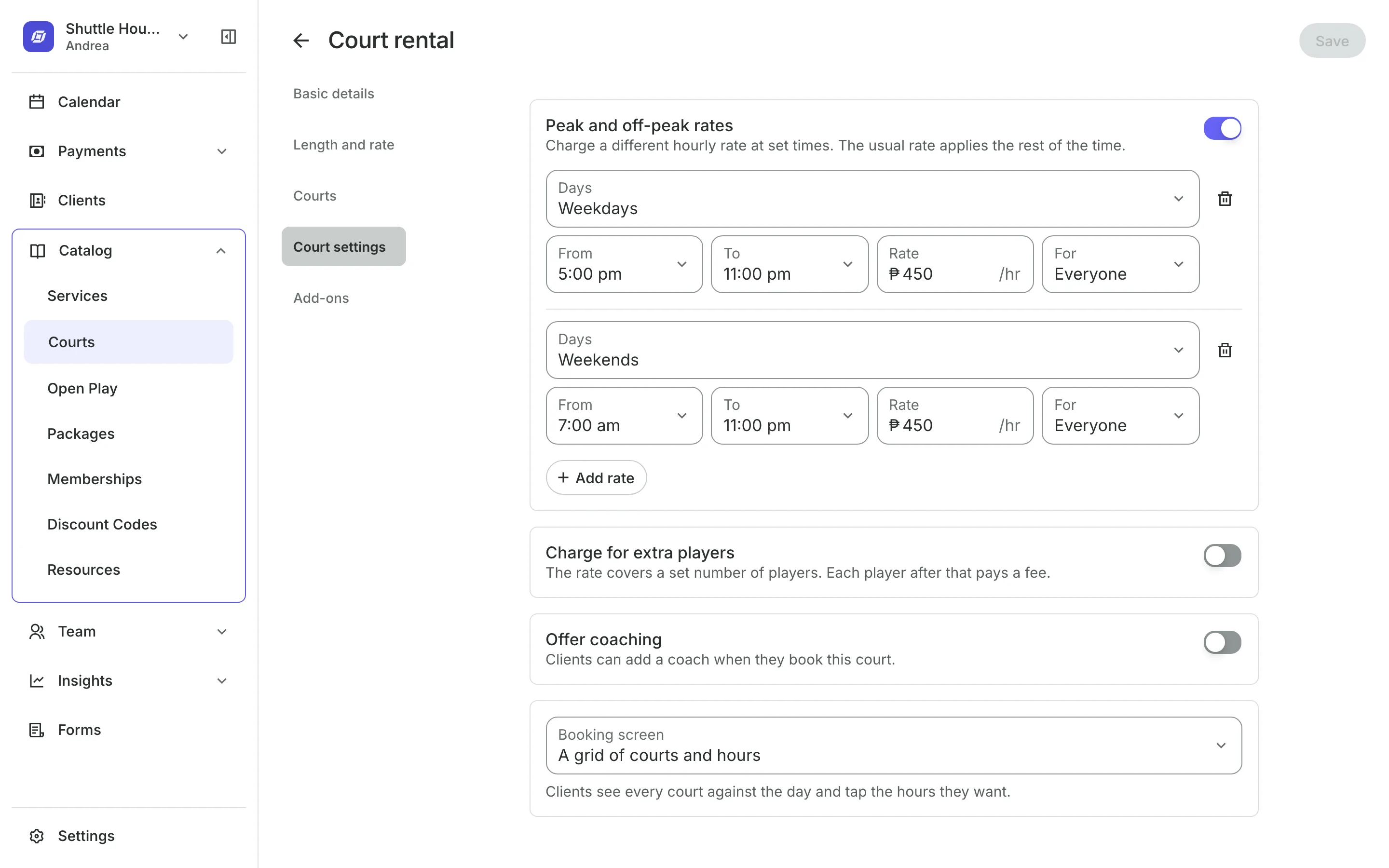 A court type's peak and off-peak rates by day and time