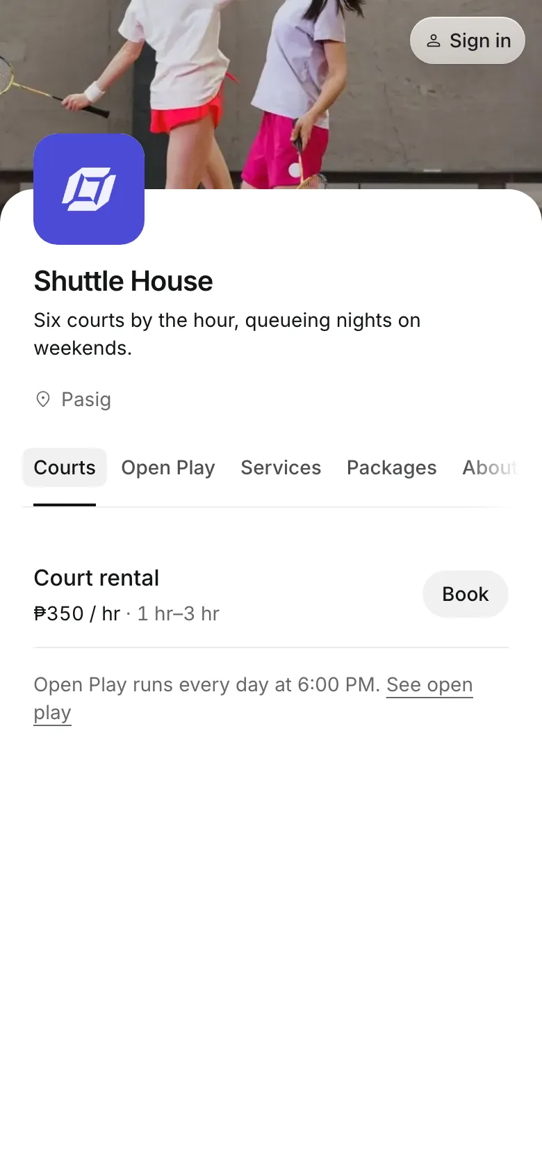 The business's booking page on a phone