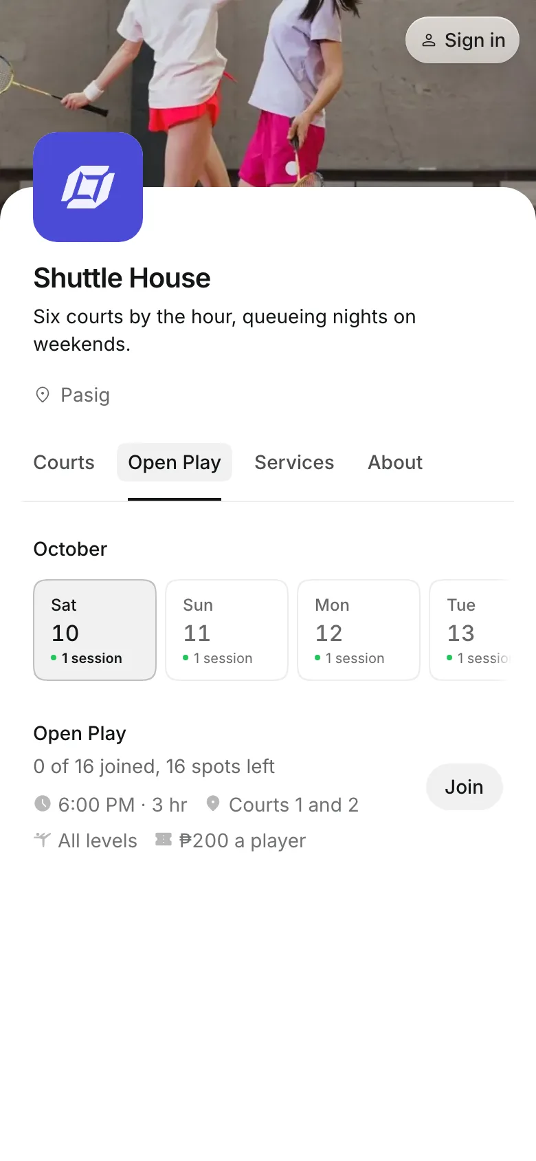 Open play sessions on the booking page, on a phone