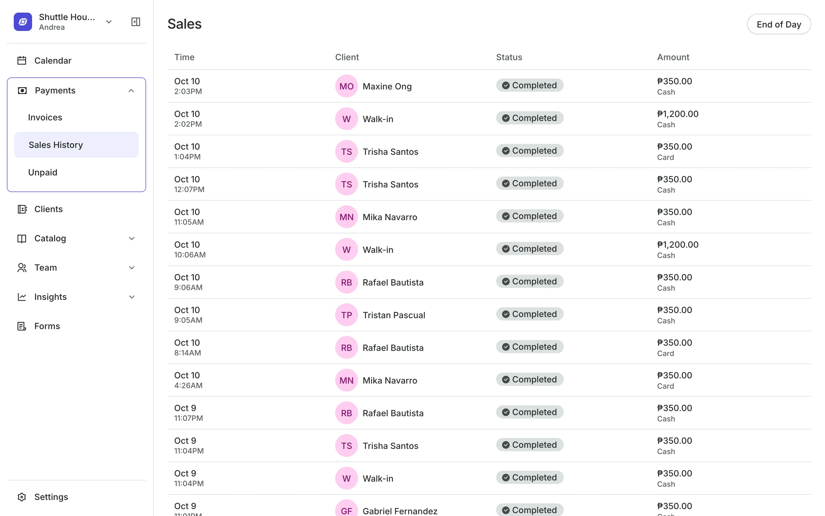 Sales history: every sale and how it was paid