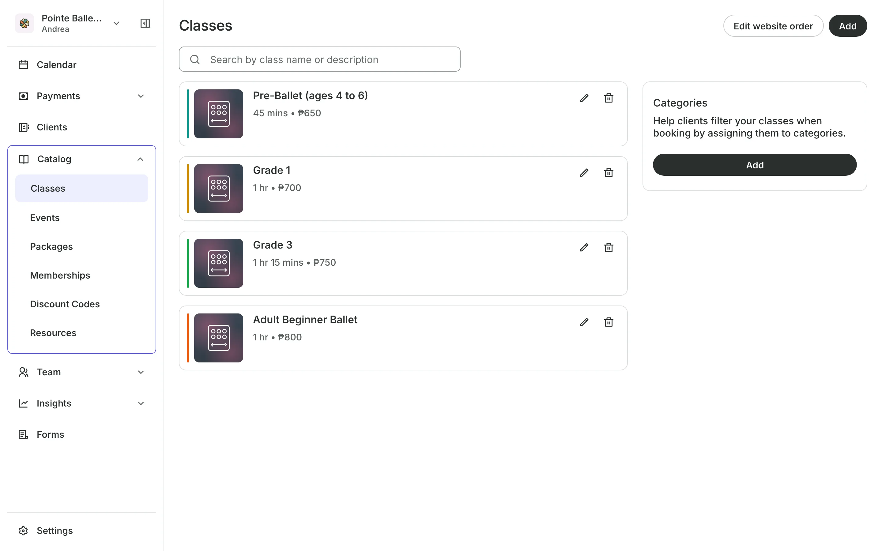 The class list with each class's length and price