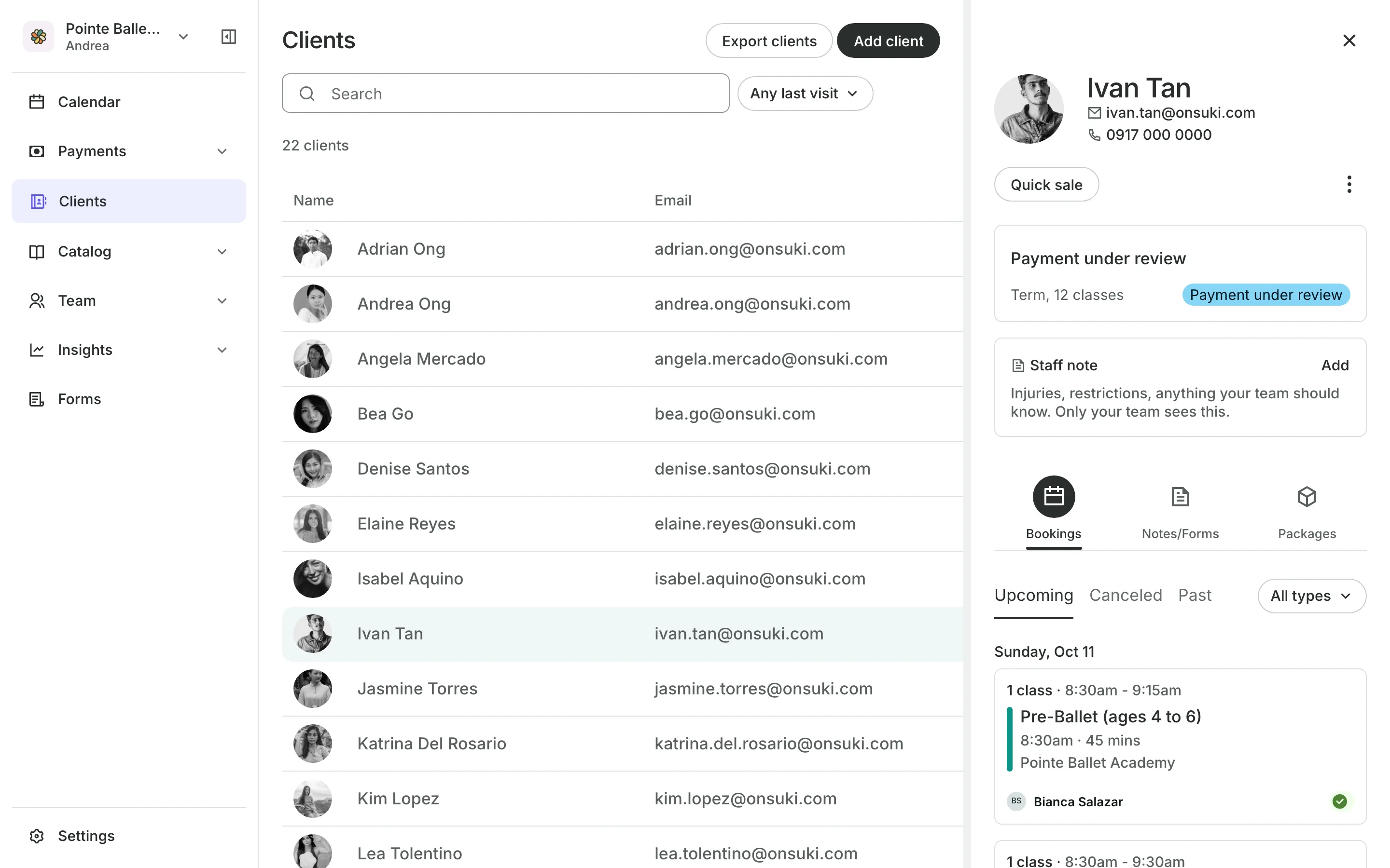 A client's profile: contact details, a staff note and their bookings