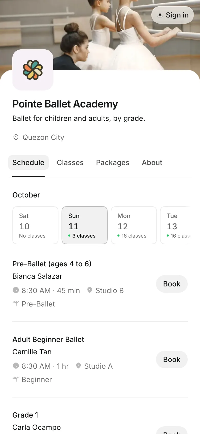 The business's booking page on a phone